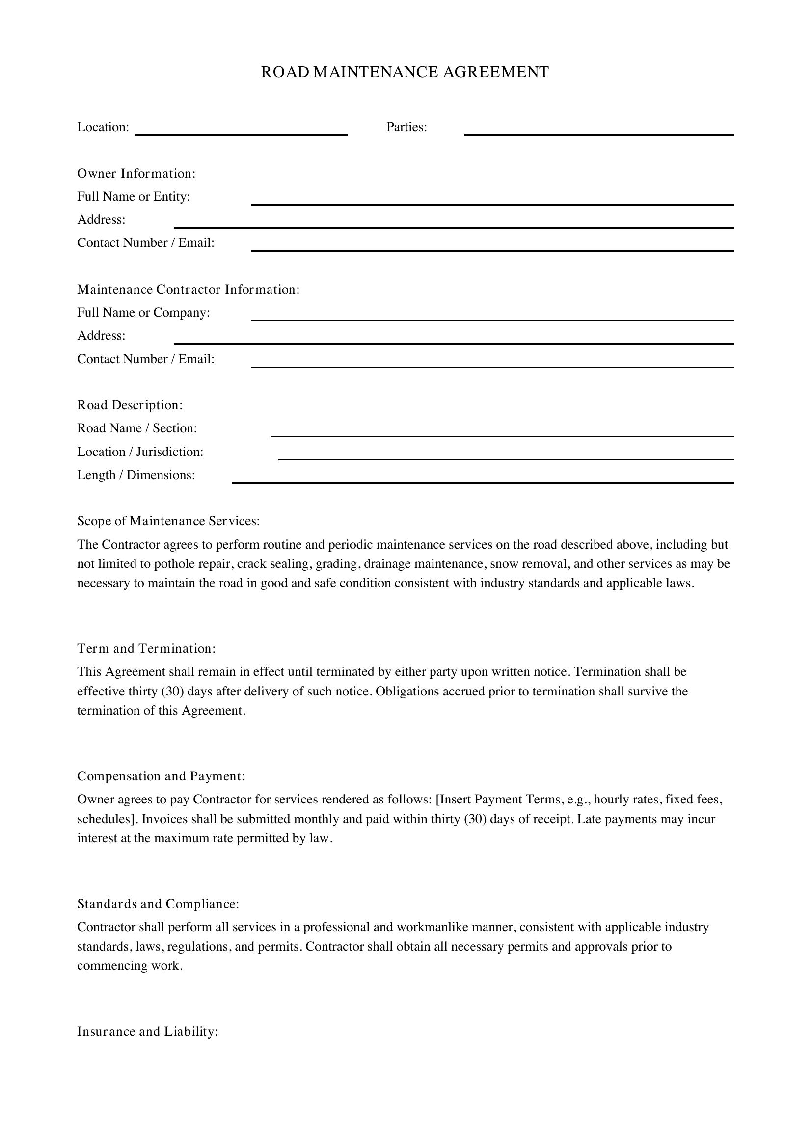 Road Maintenance Agreement Template - US