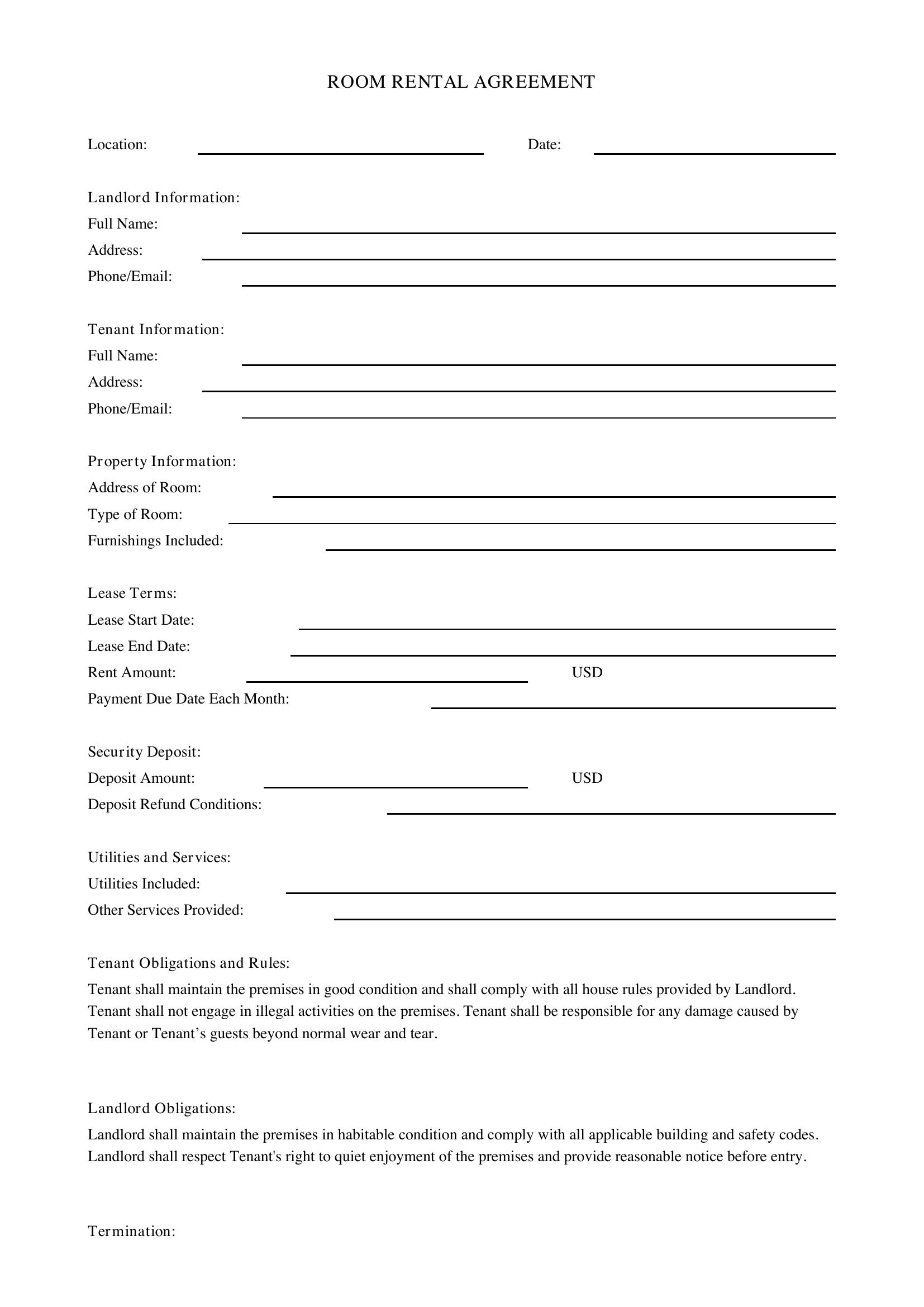 Room Agreement Template - US