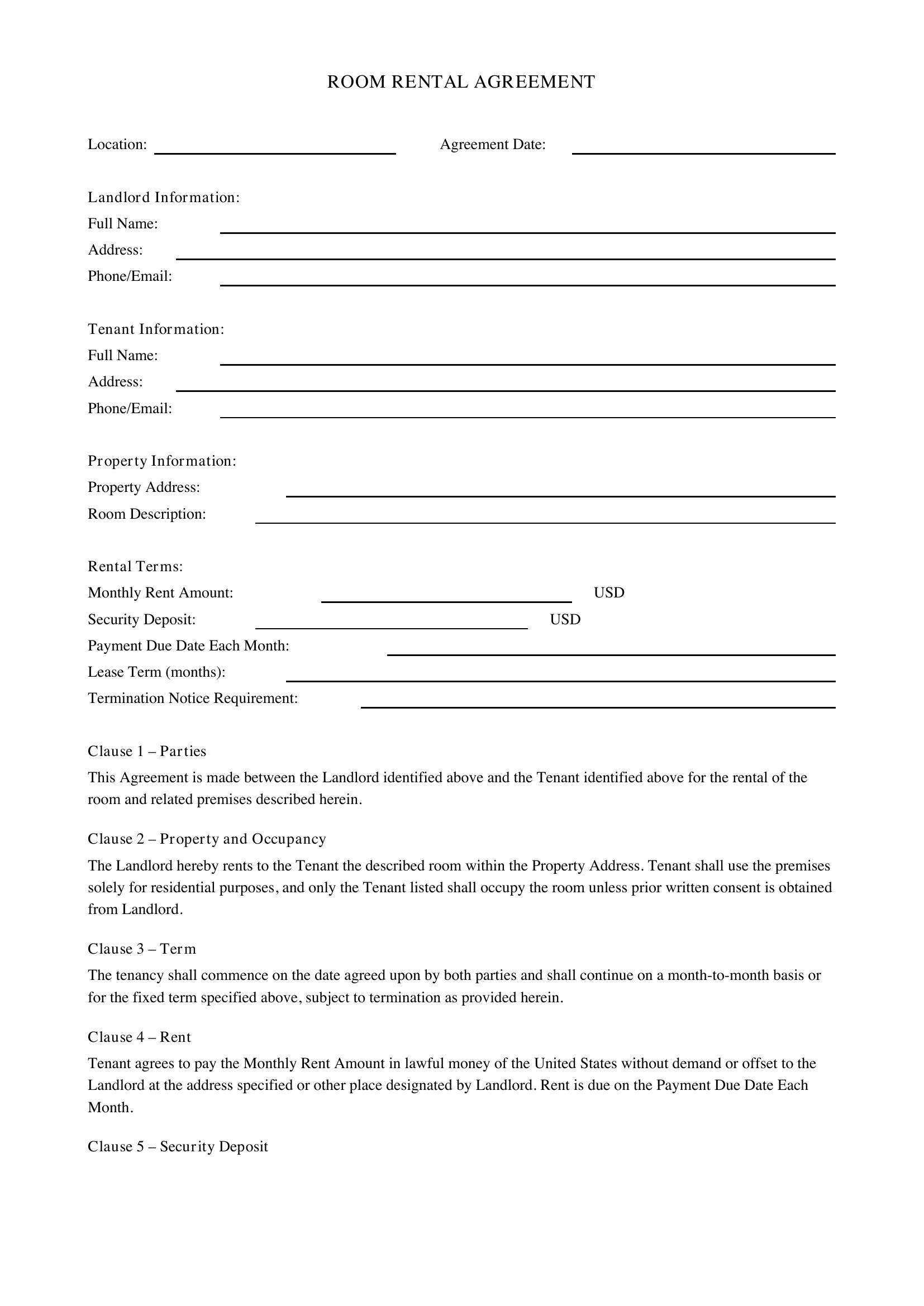 Room Rental Agreement Template - US