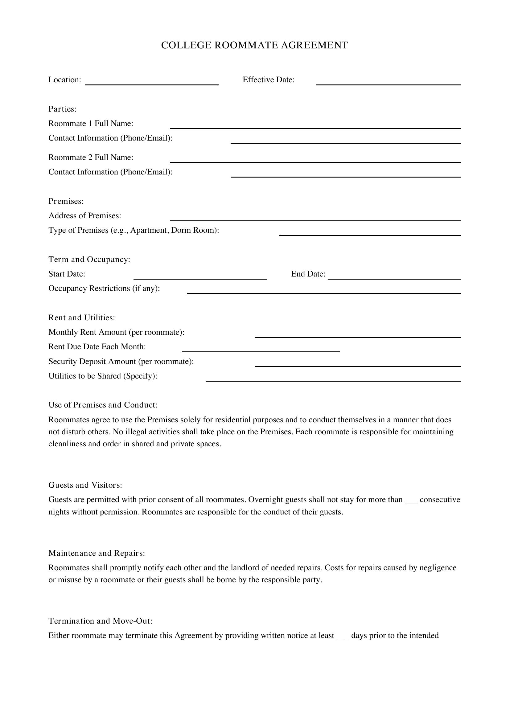Roommate Agreement College Template - US