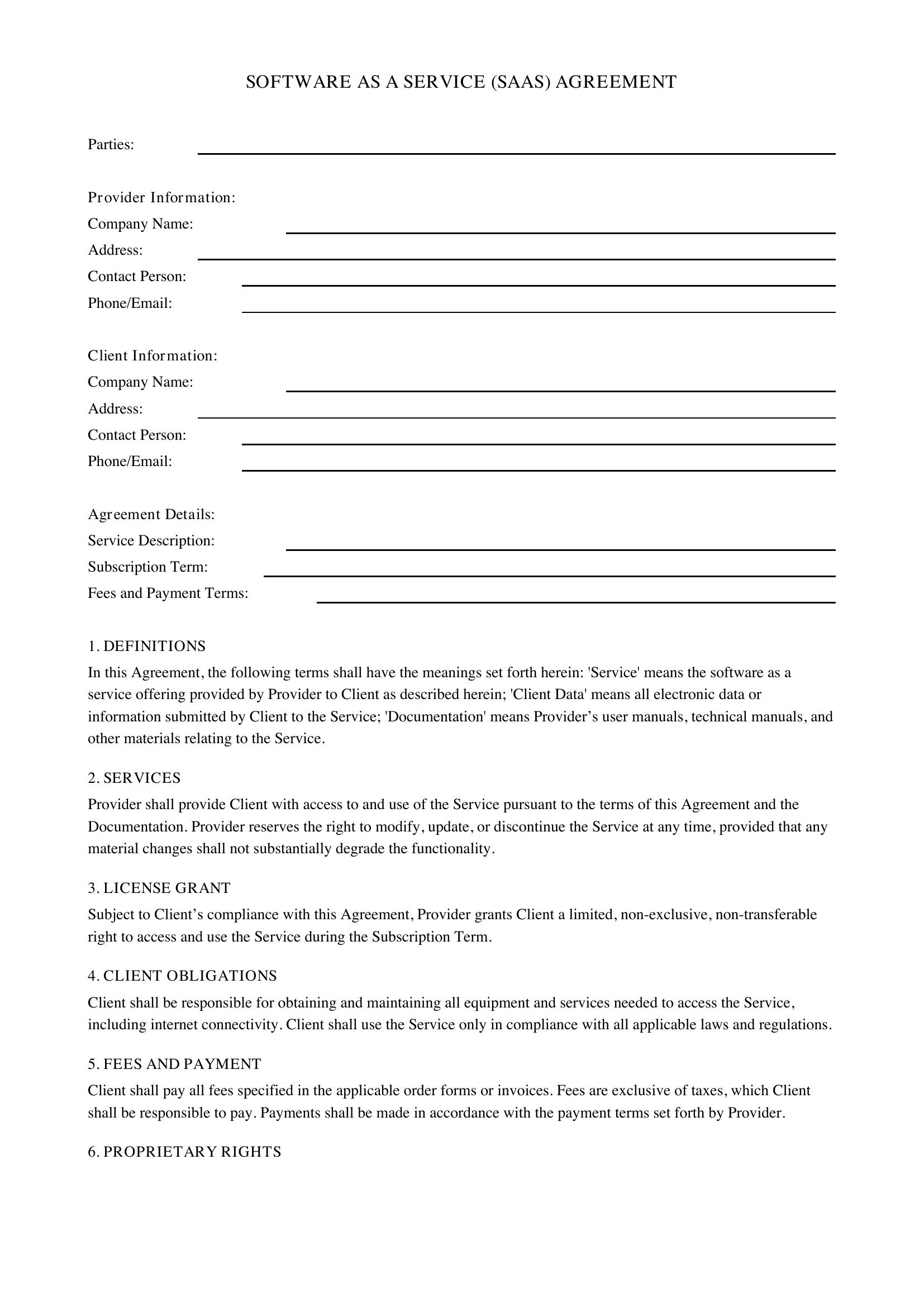 Saas Service Agreement Template - US