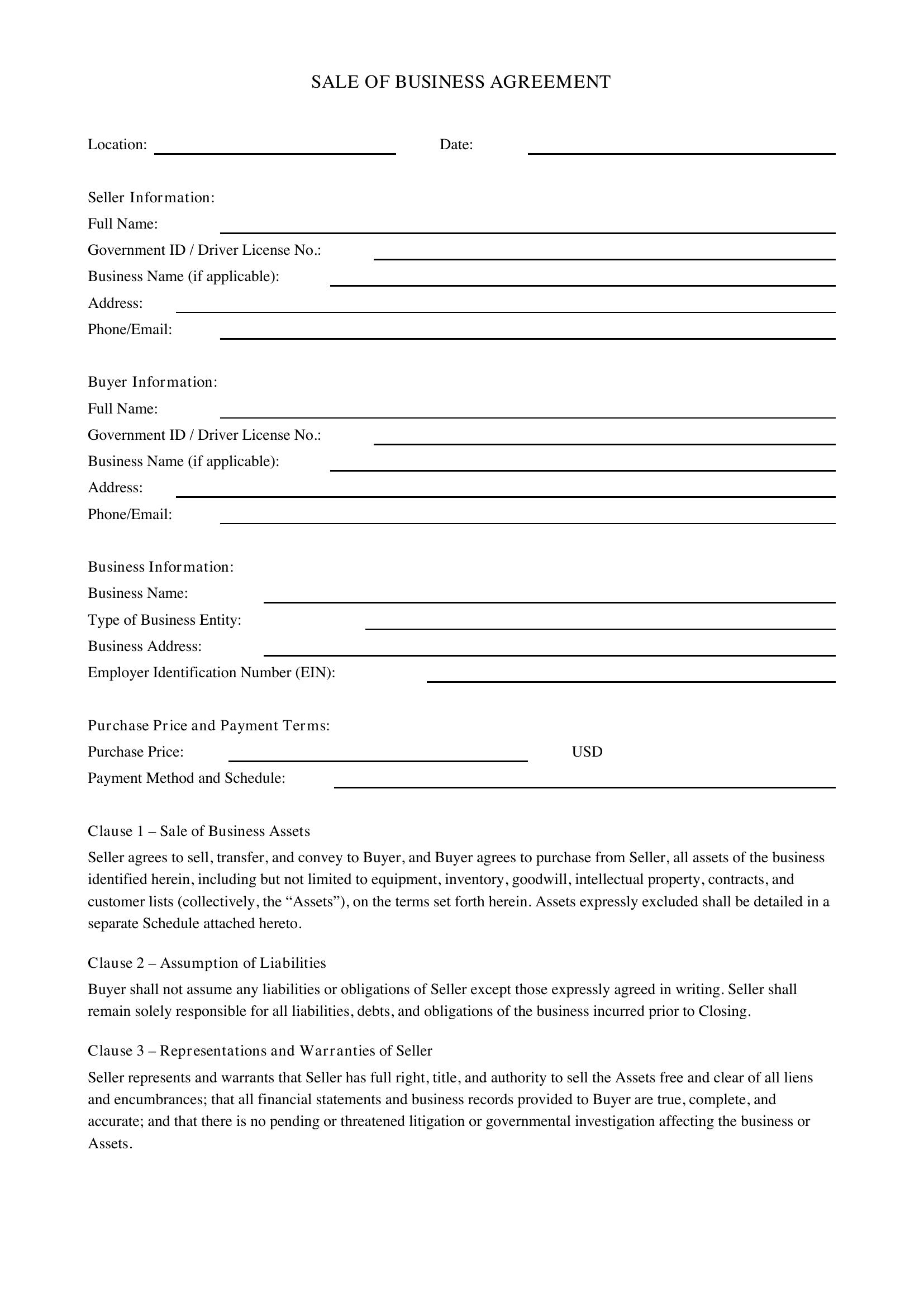 Sale Of Business Agreement Template - US