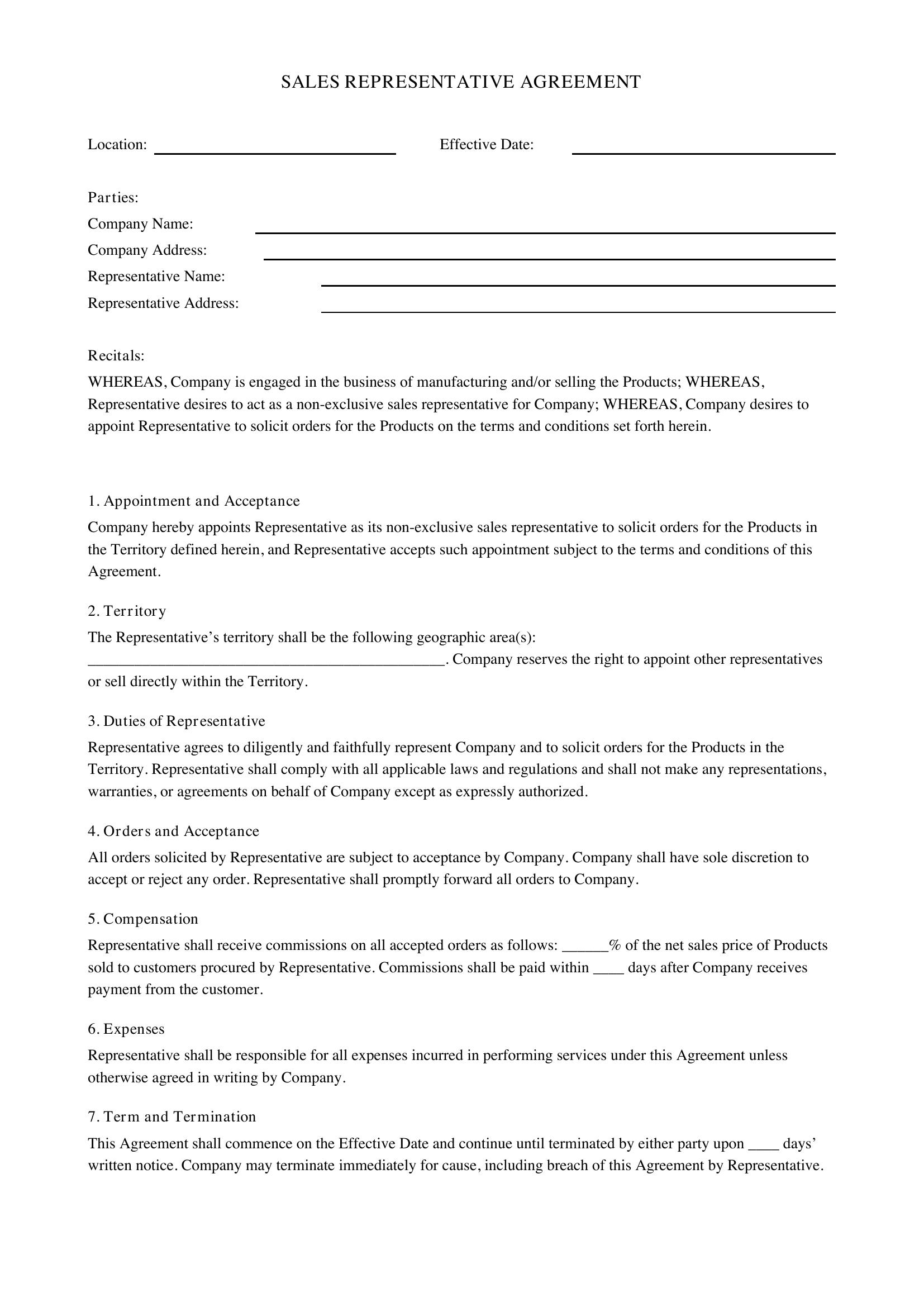Sales Representative Agreement Template - US
