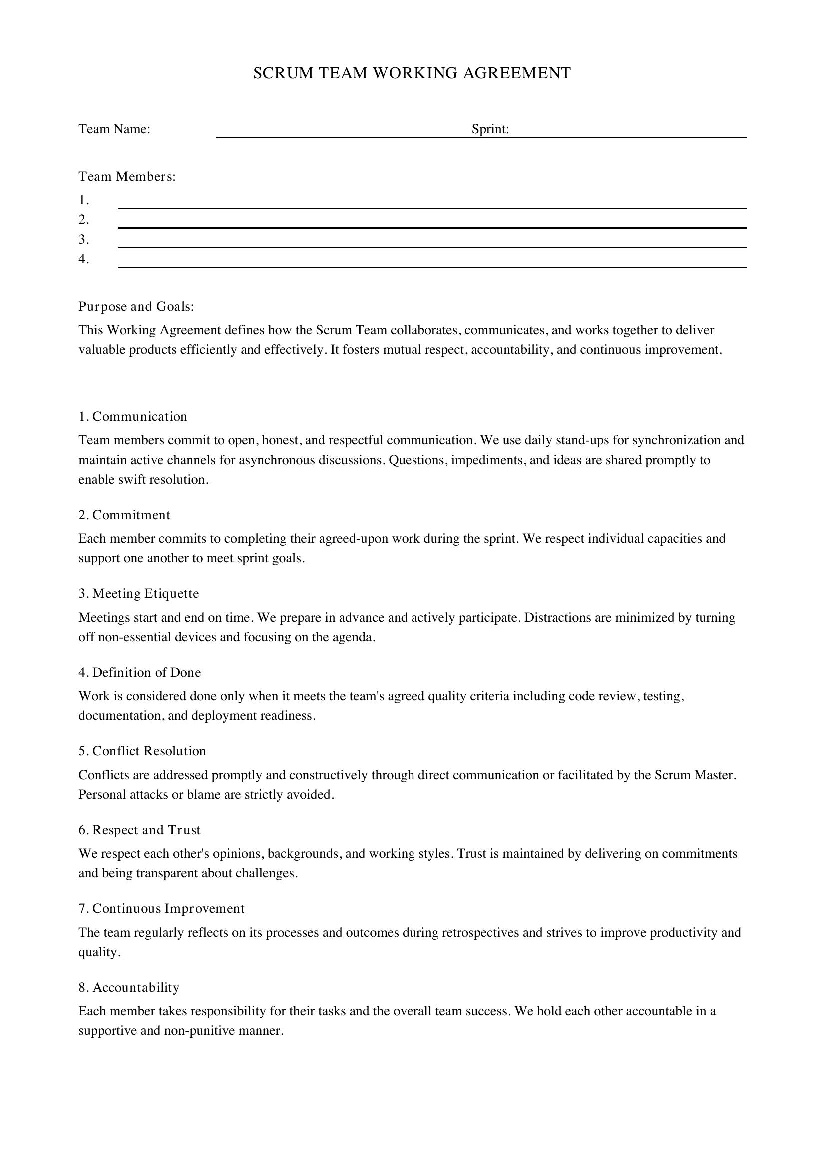 Scrum Working Agreement Template - US