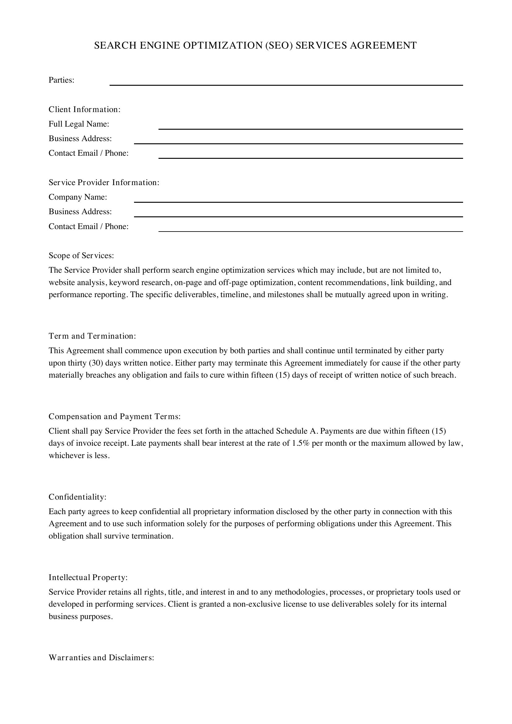 Seo Agreement Template - US