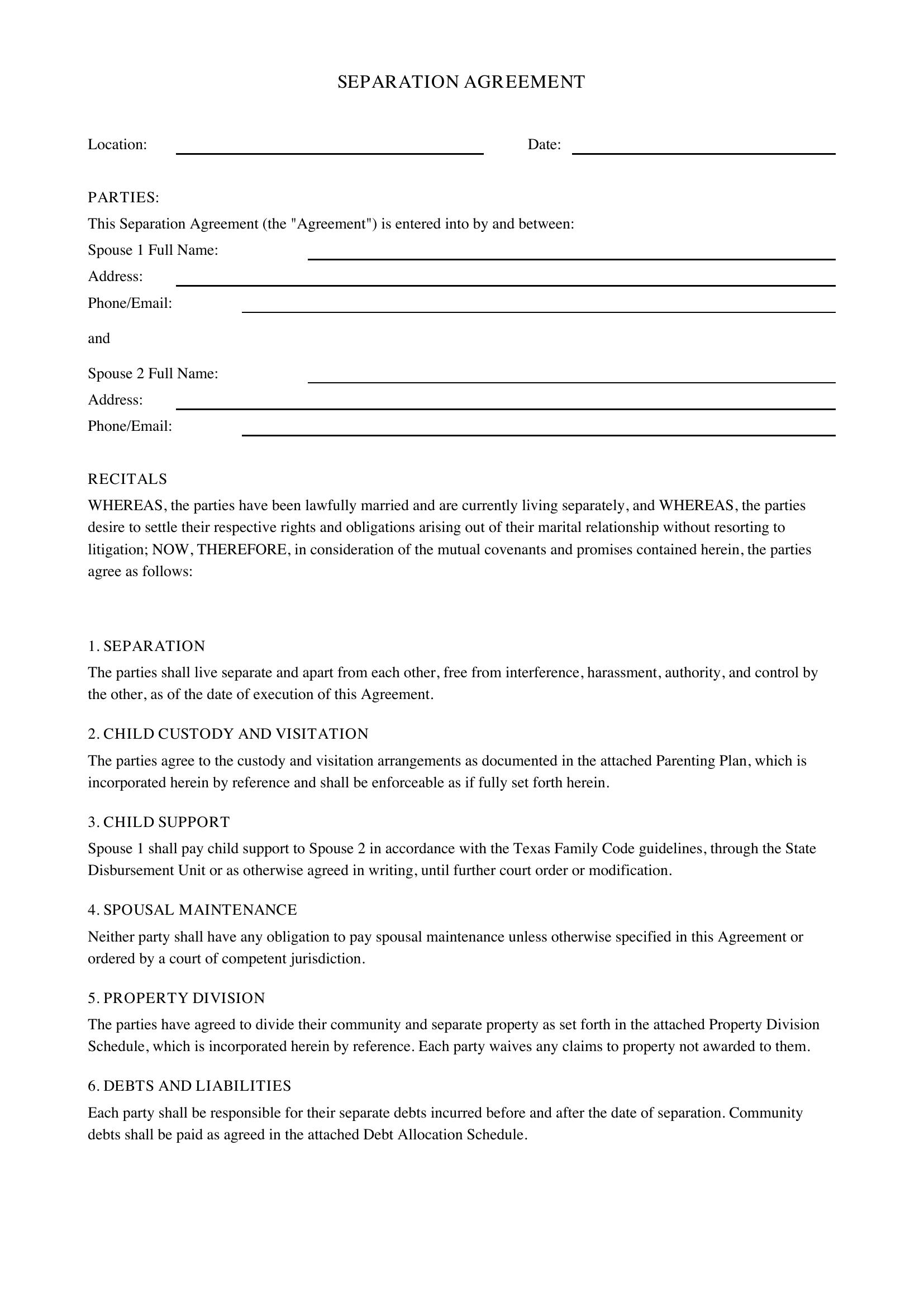 Separation Agreement Texas Template - US