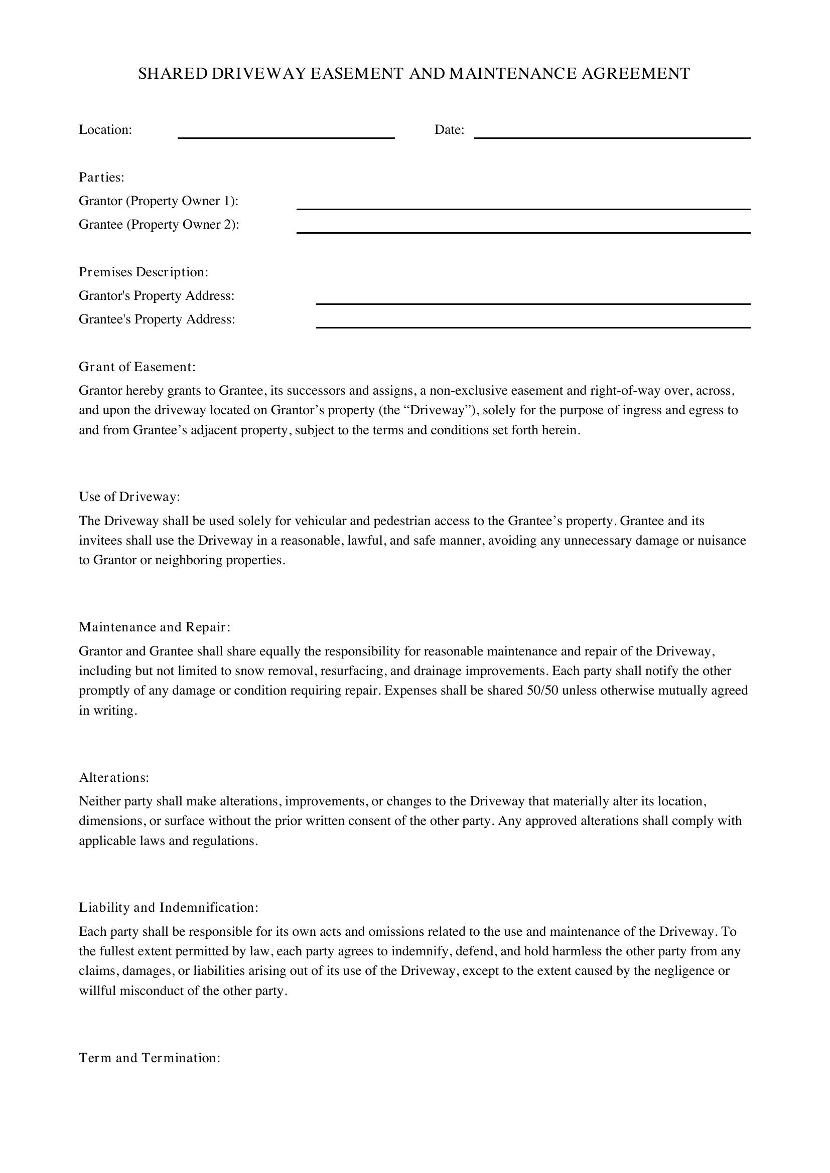 Shared Driveway Agreement Template - US