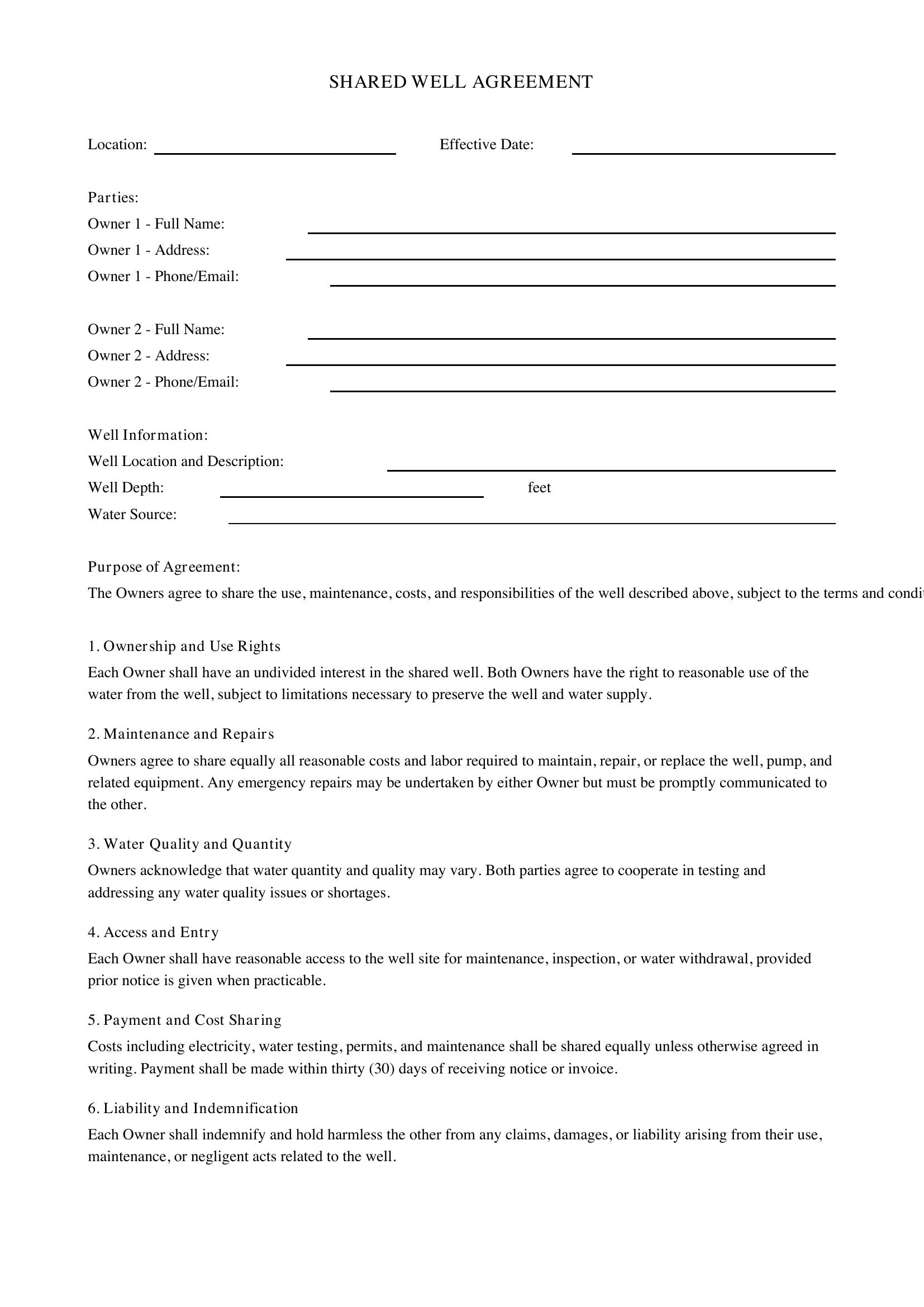 Shared Well Agreement Template - US