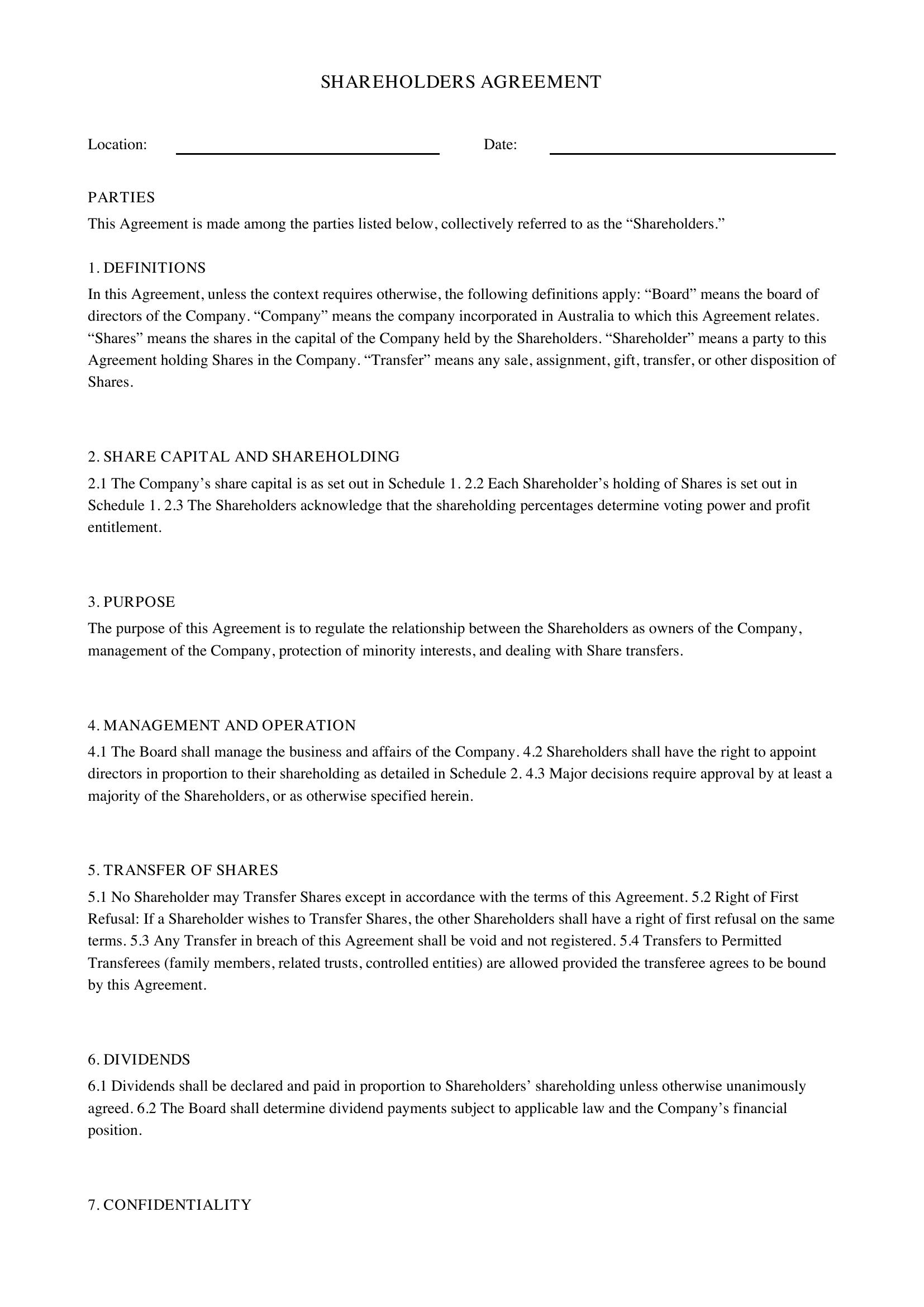 Shareholders Agreement Australia Template - US