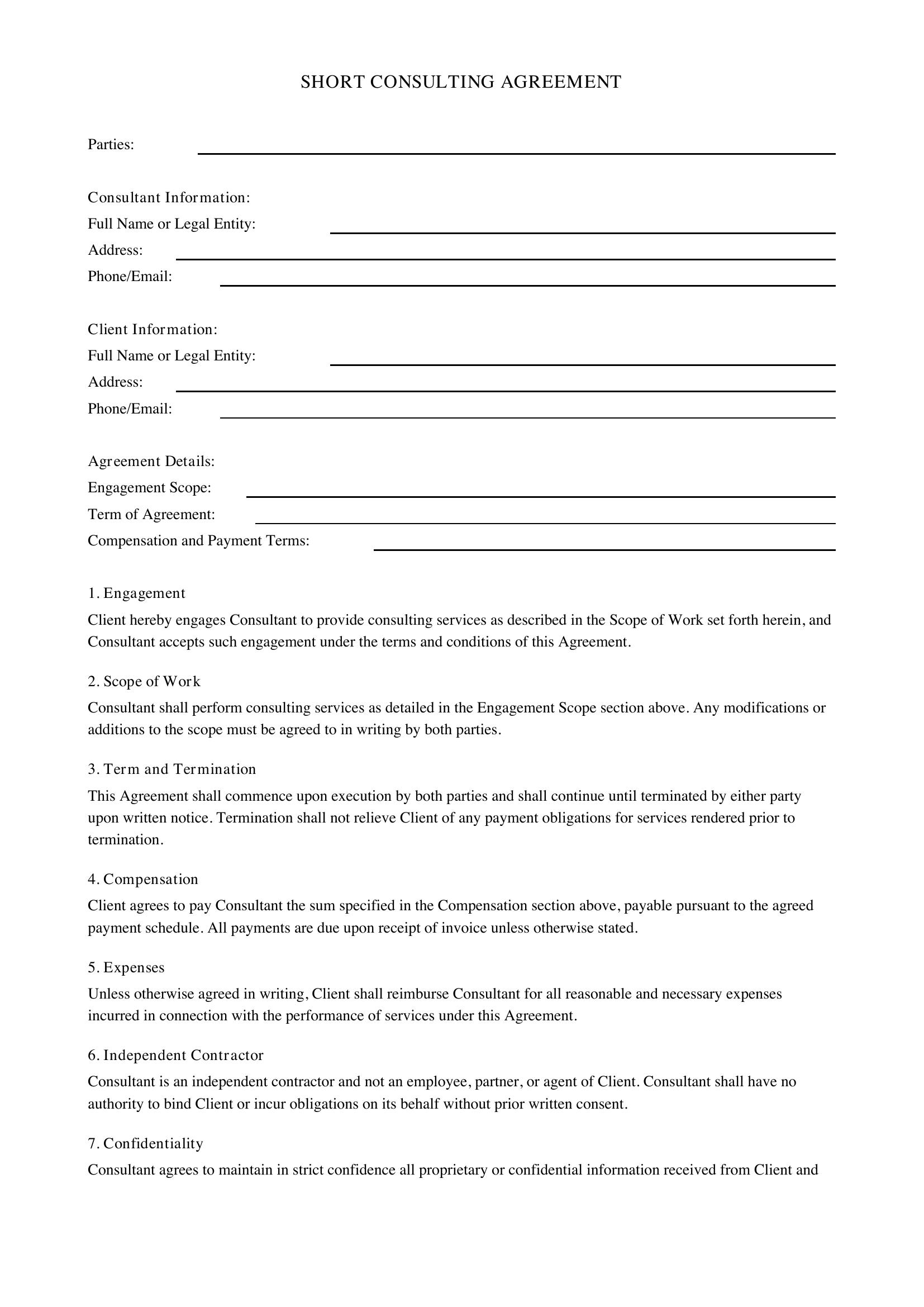 Short Consulting Agreement Template - US