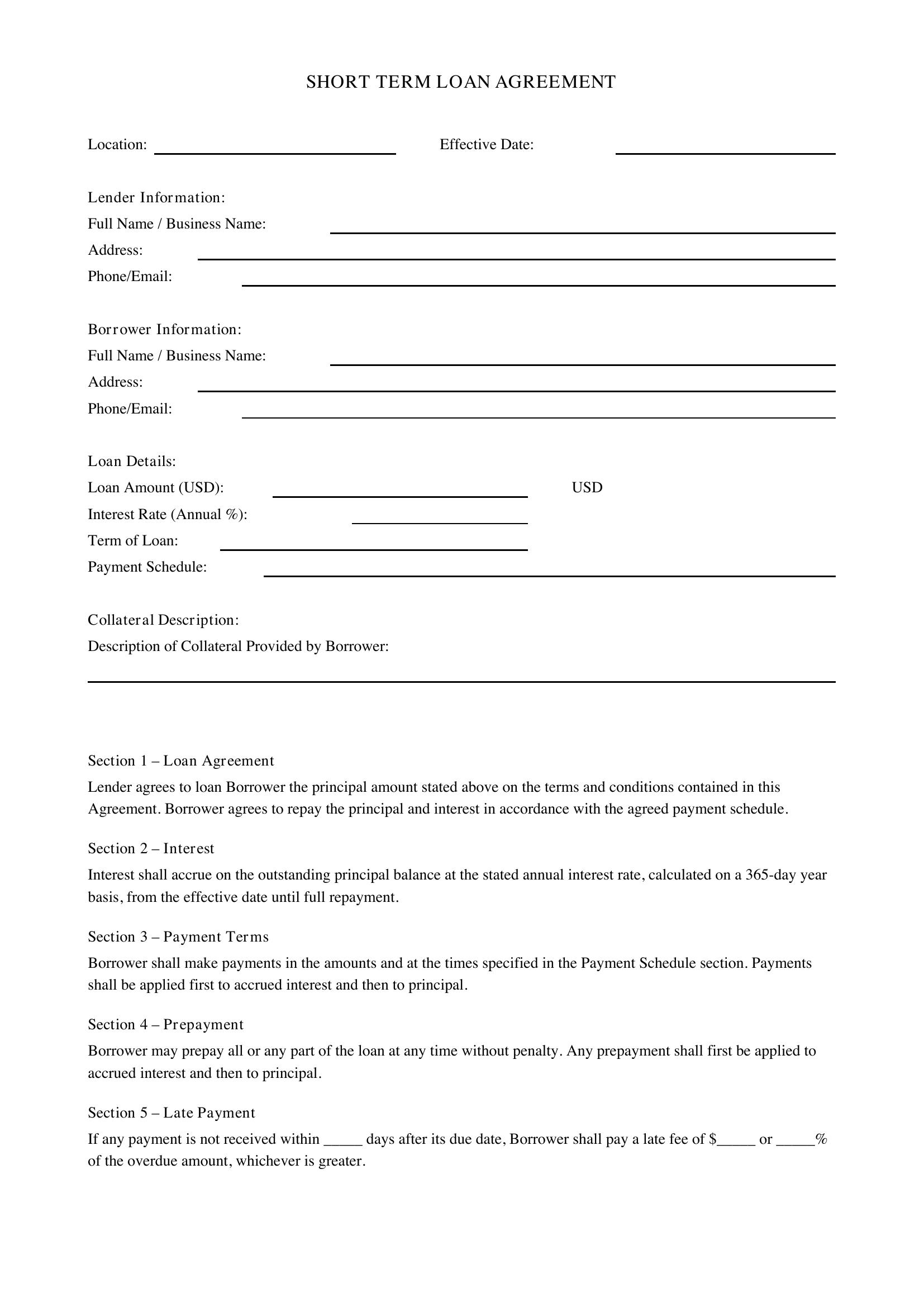 Short Term Loan Agreement Template - US