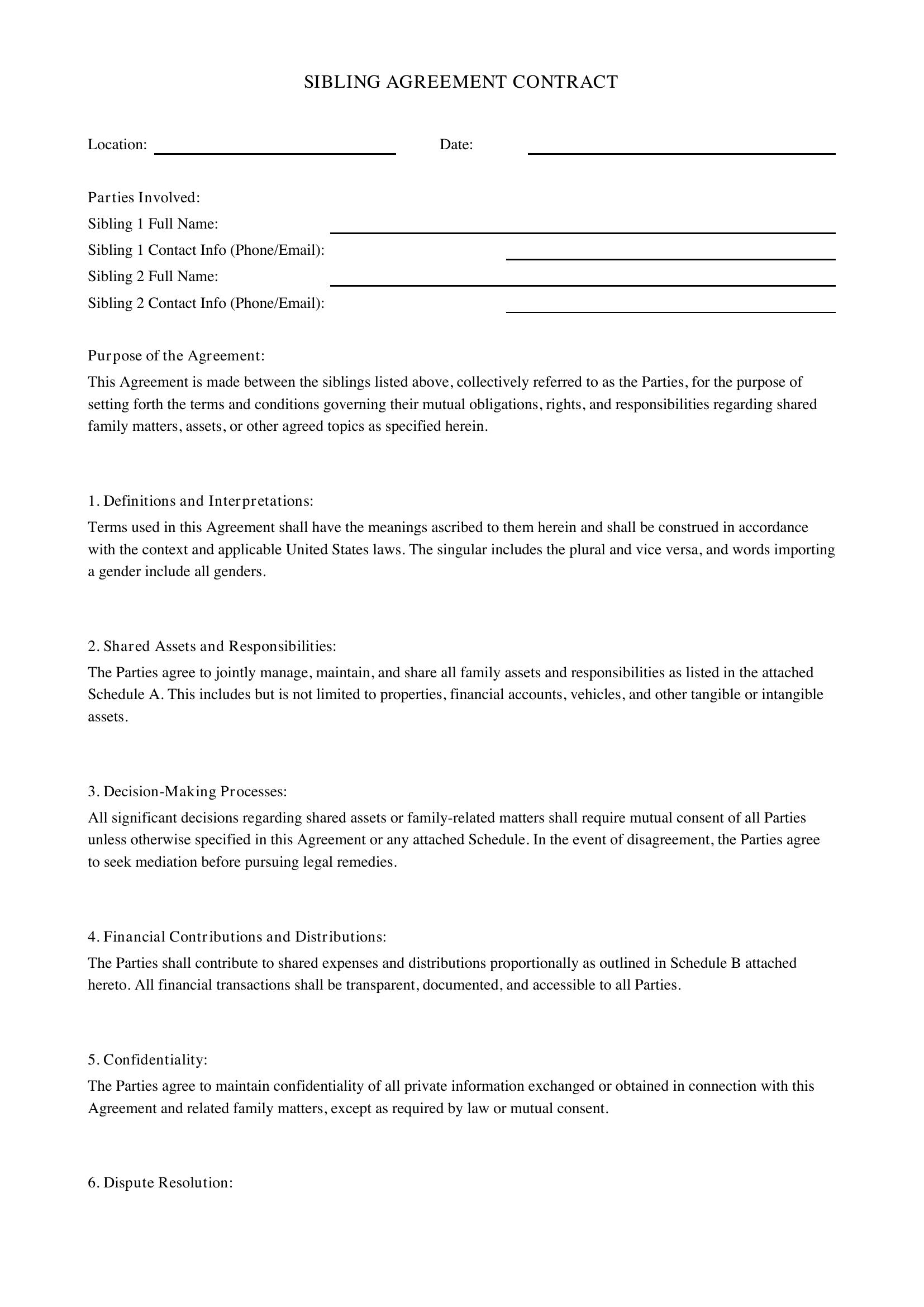 Sibling Agreement Contract Template - US