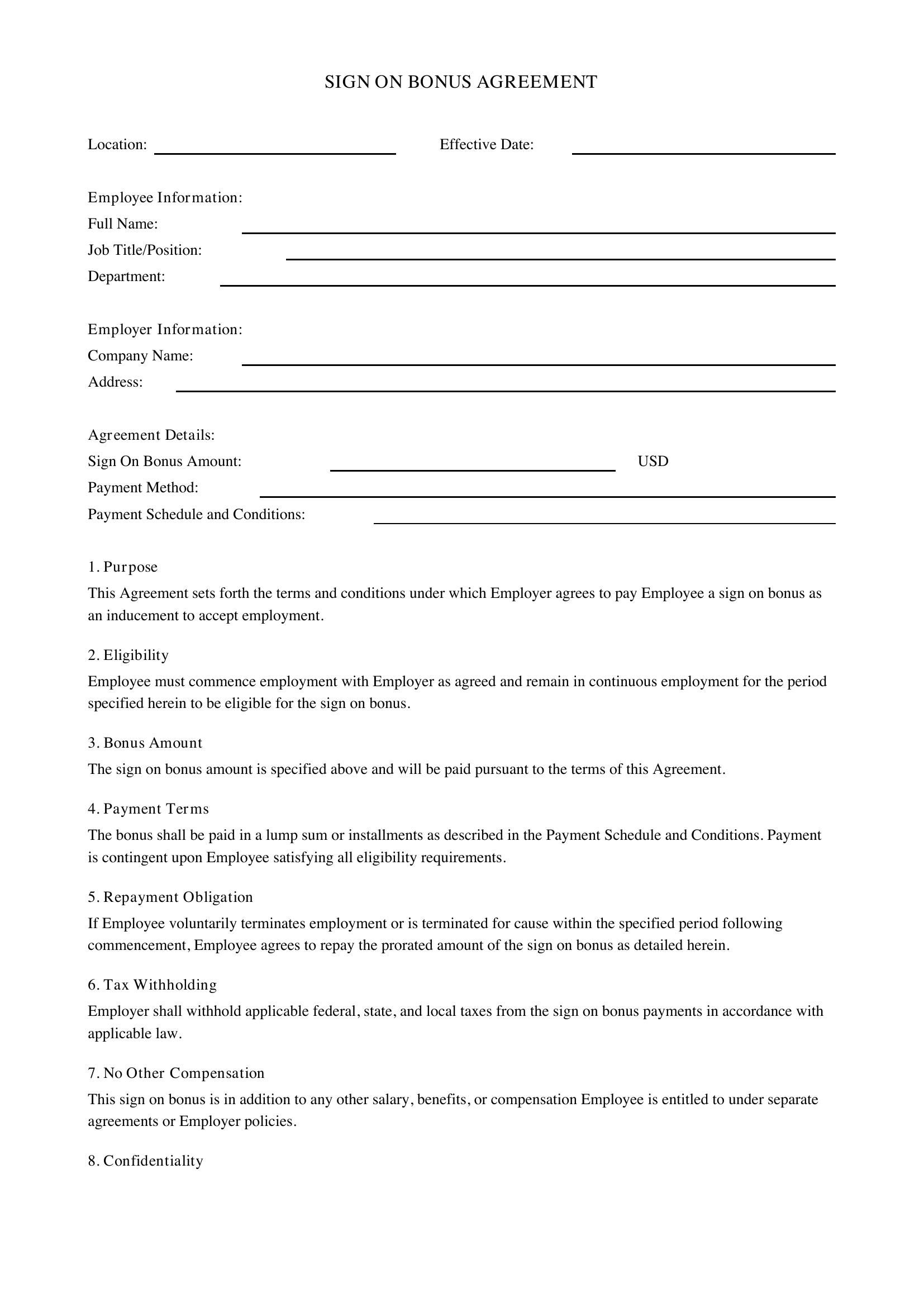 Sign On Bonus Agreement Template - US
