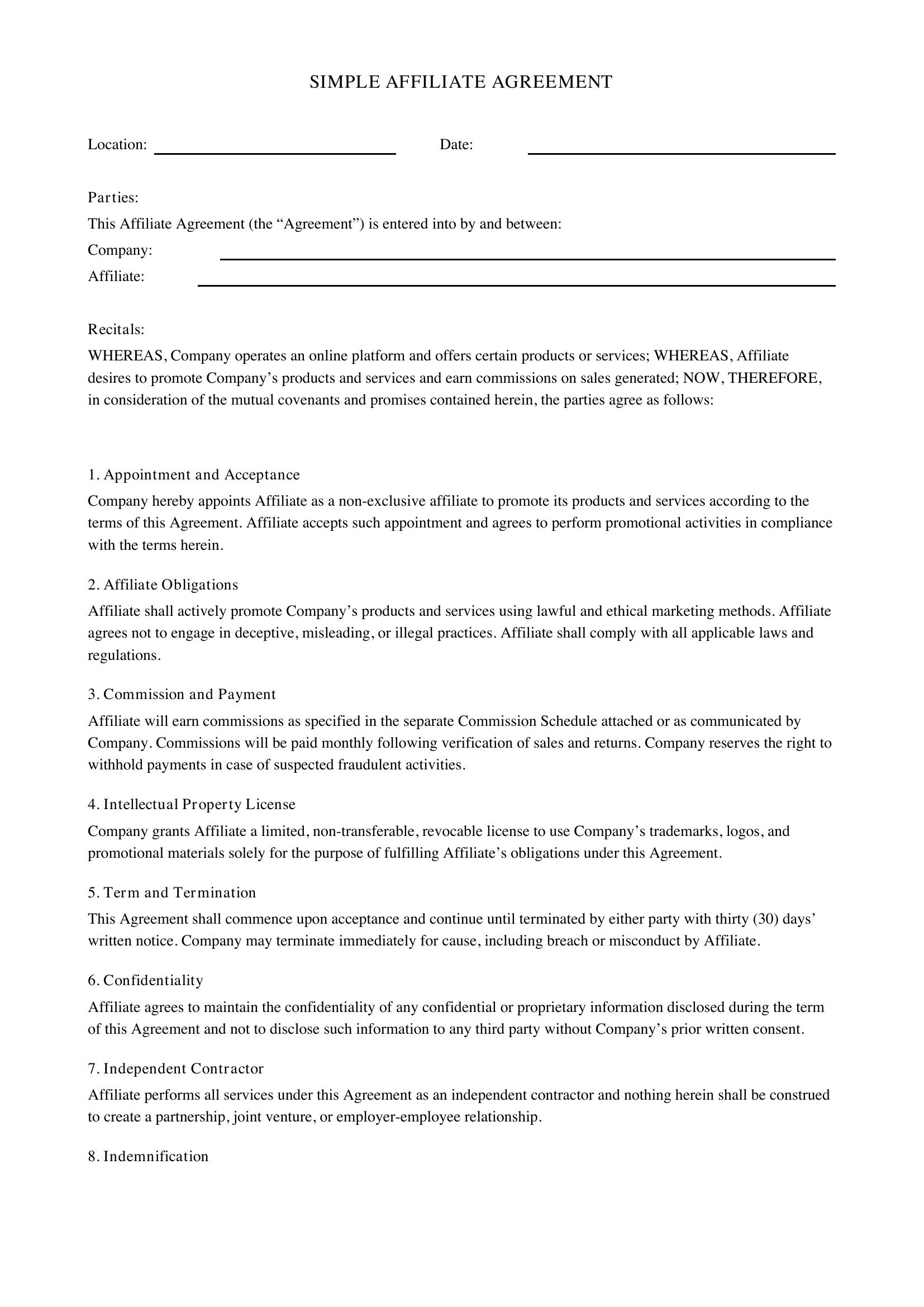 Simple Affiliate Agreement Template - US