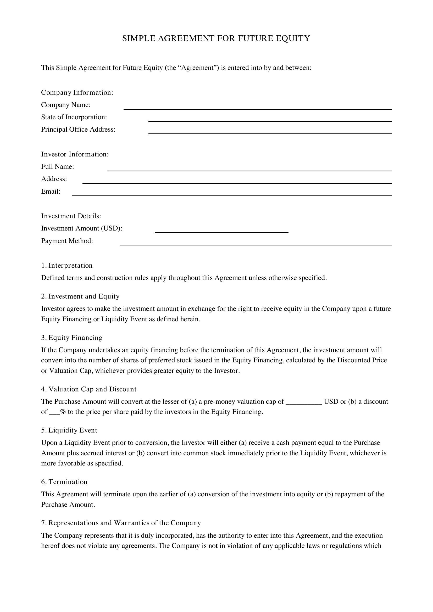 Simple Agreement For Future Equity Template - US