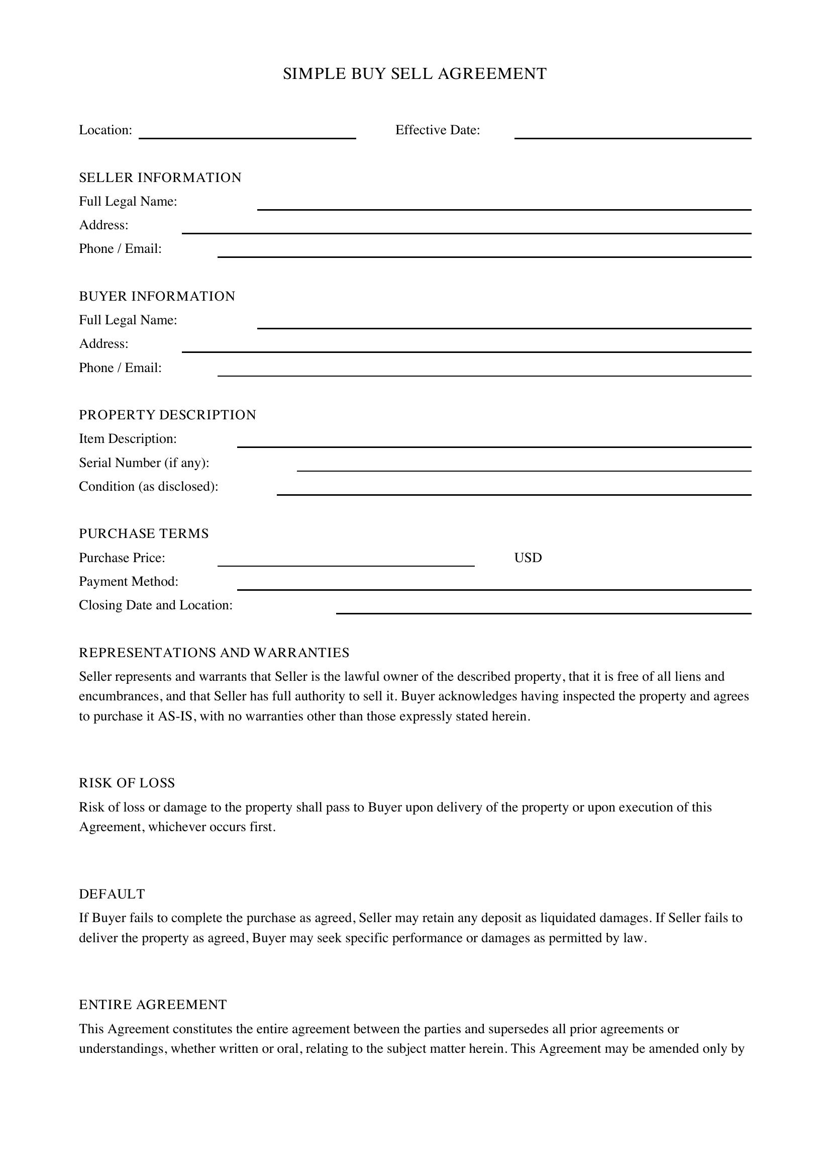 Simple Buy Sell Agreement Template - US