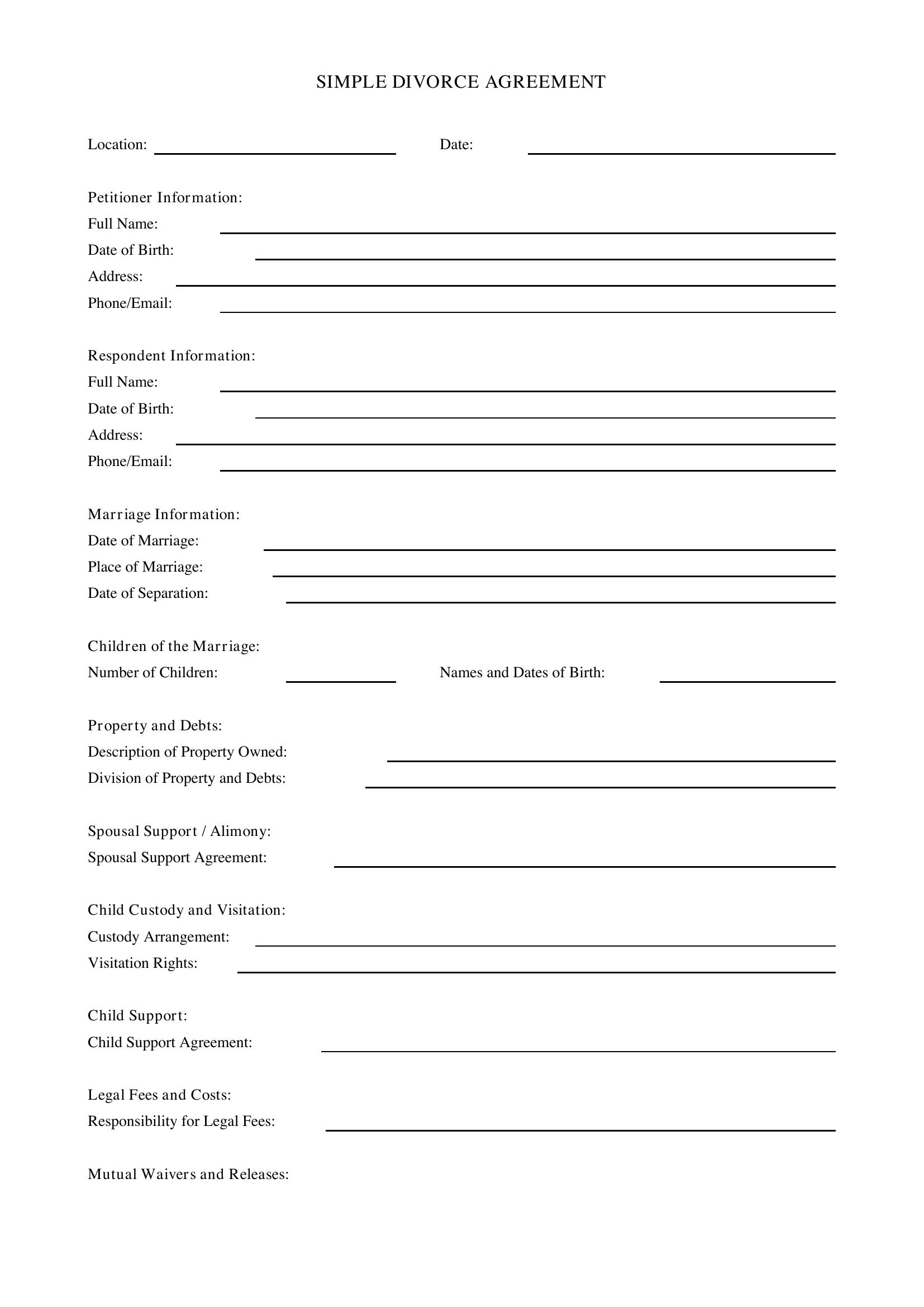 Simple Divorce Agreement Template - US