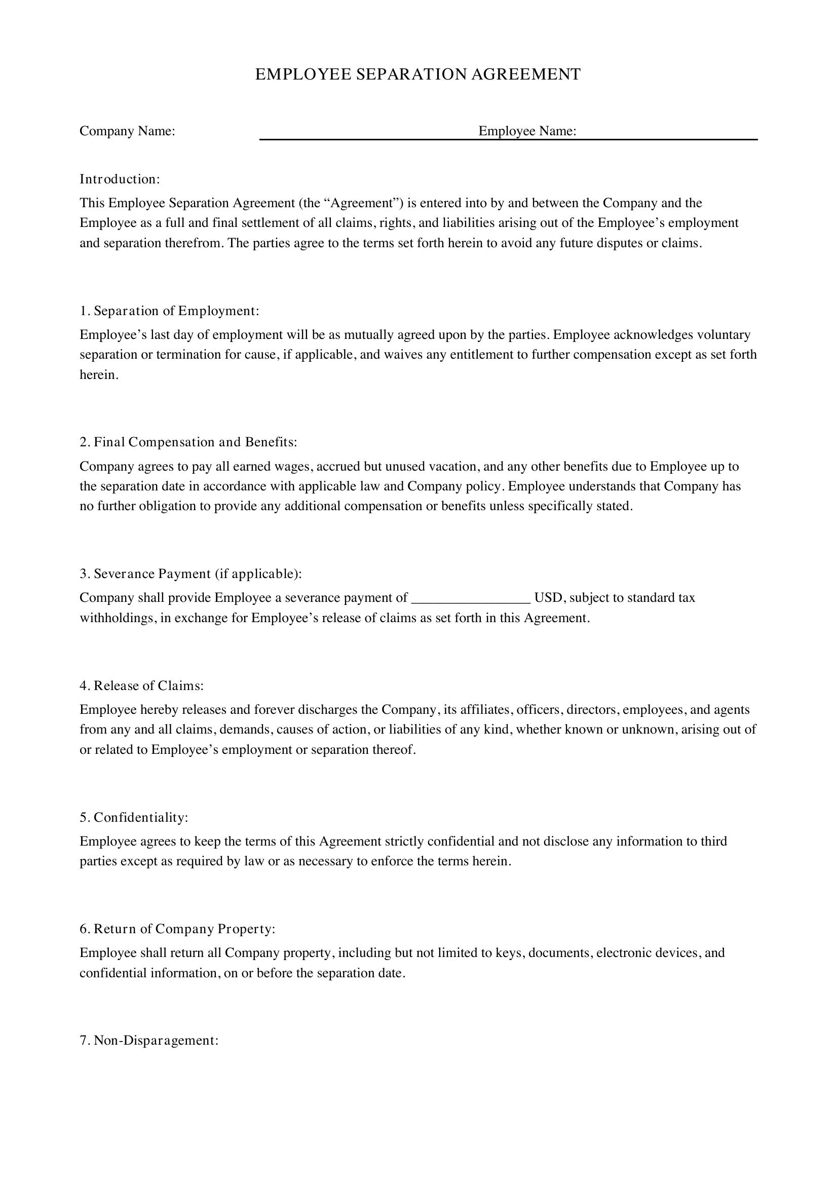 Simple Employee Separation Agreement Template - US