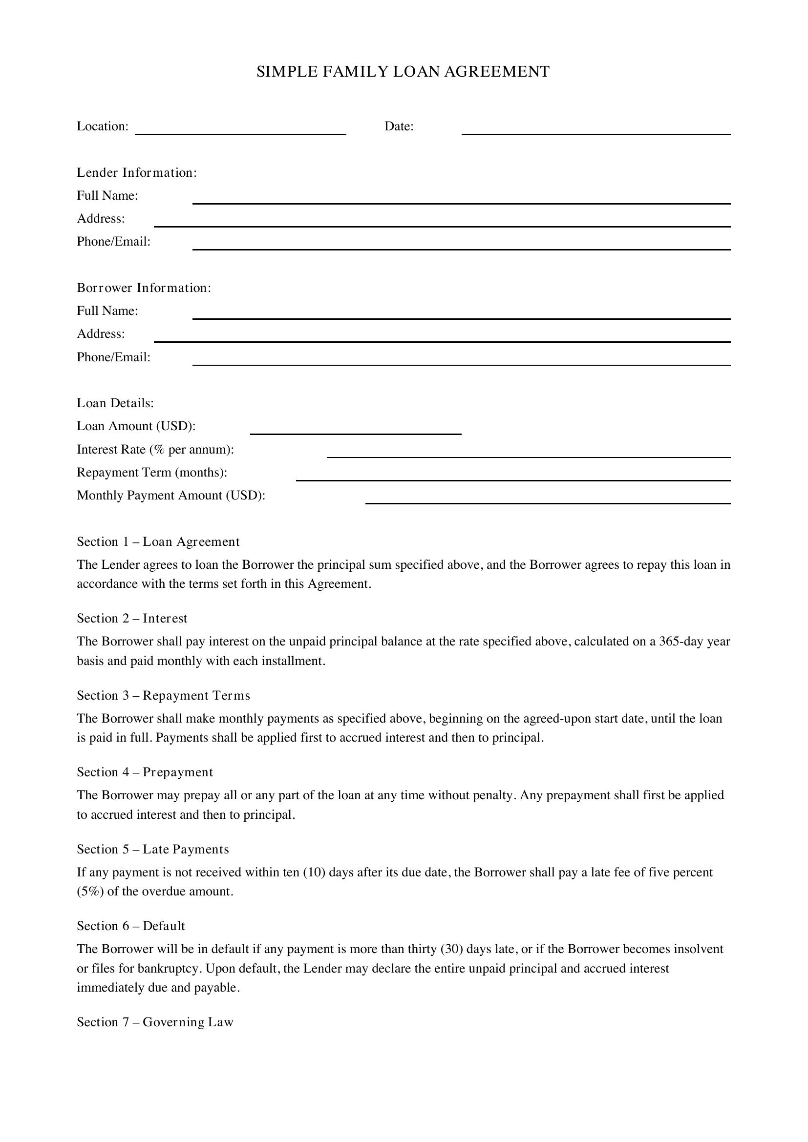 Simple Family Loan Agreement Template - US