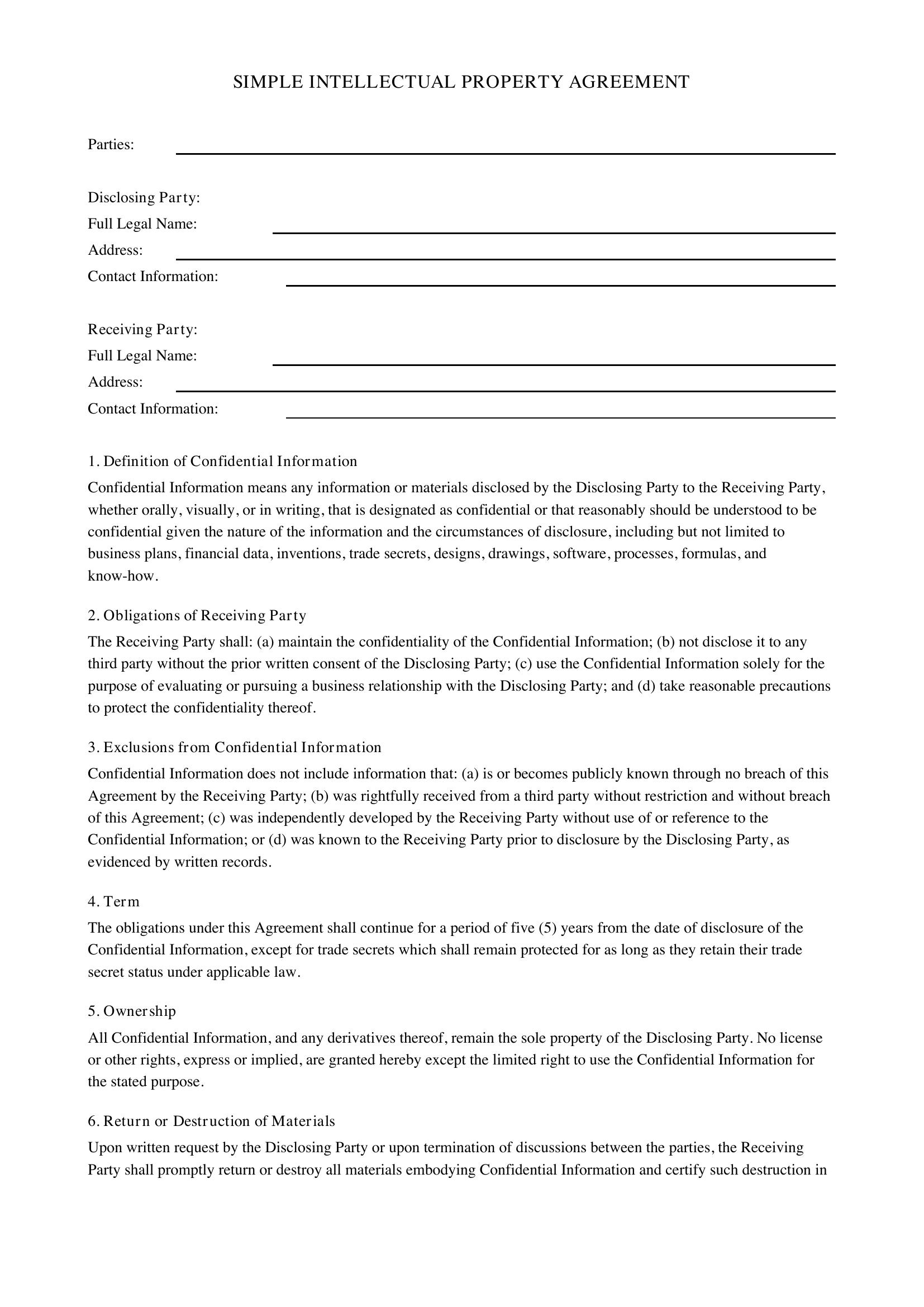 Simple Intellectual Property Agreement Template - US