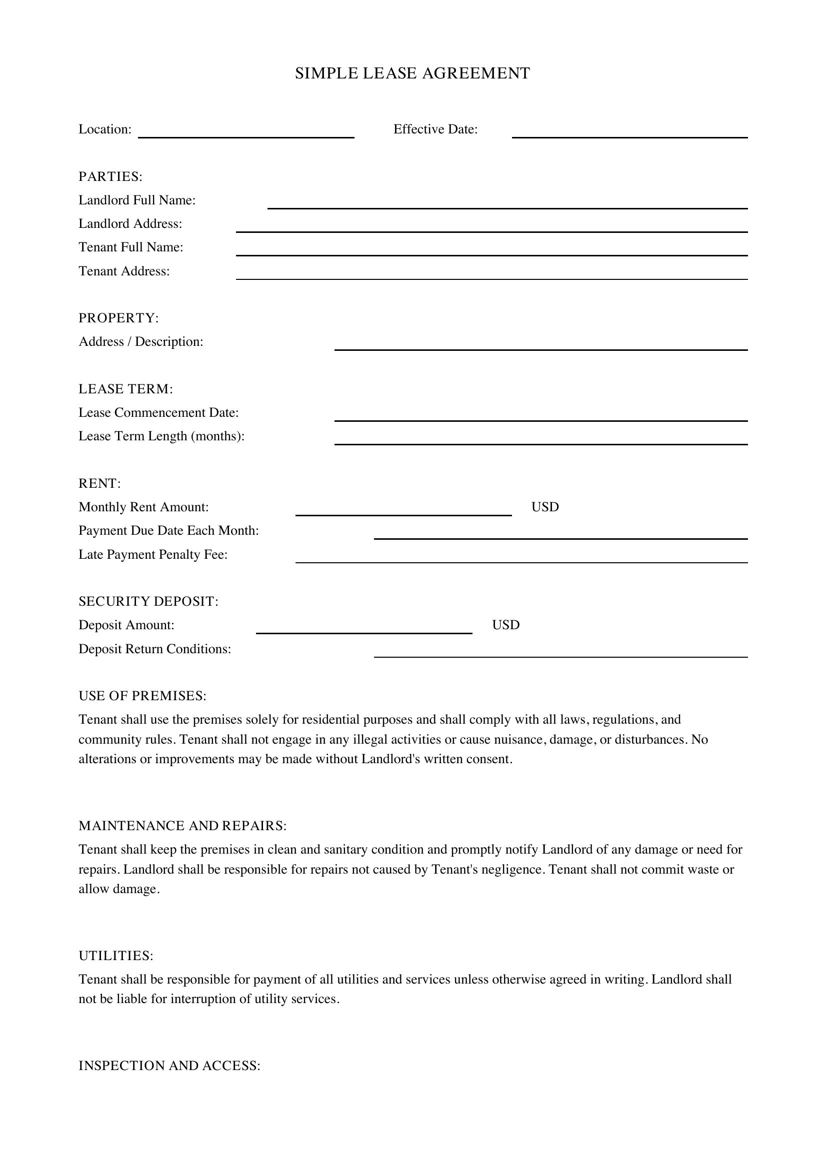 Simple Lease Agreement Template - US