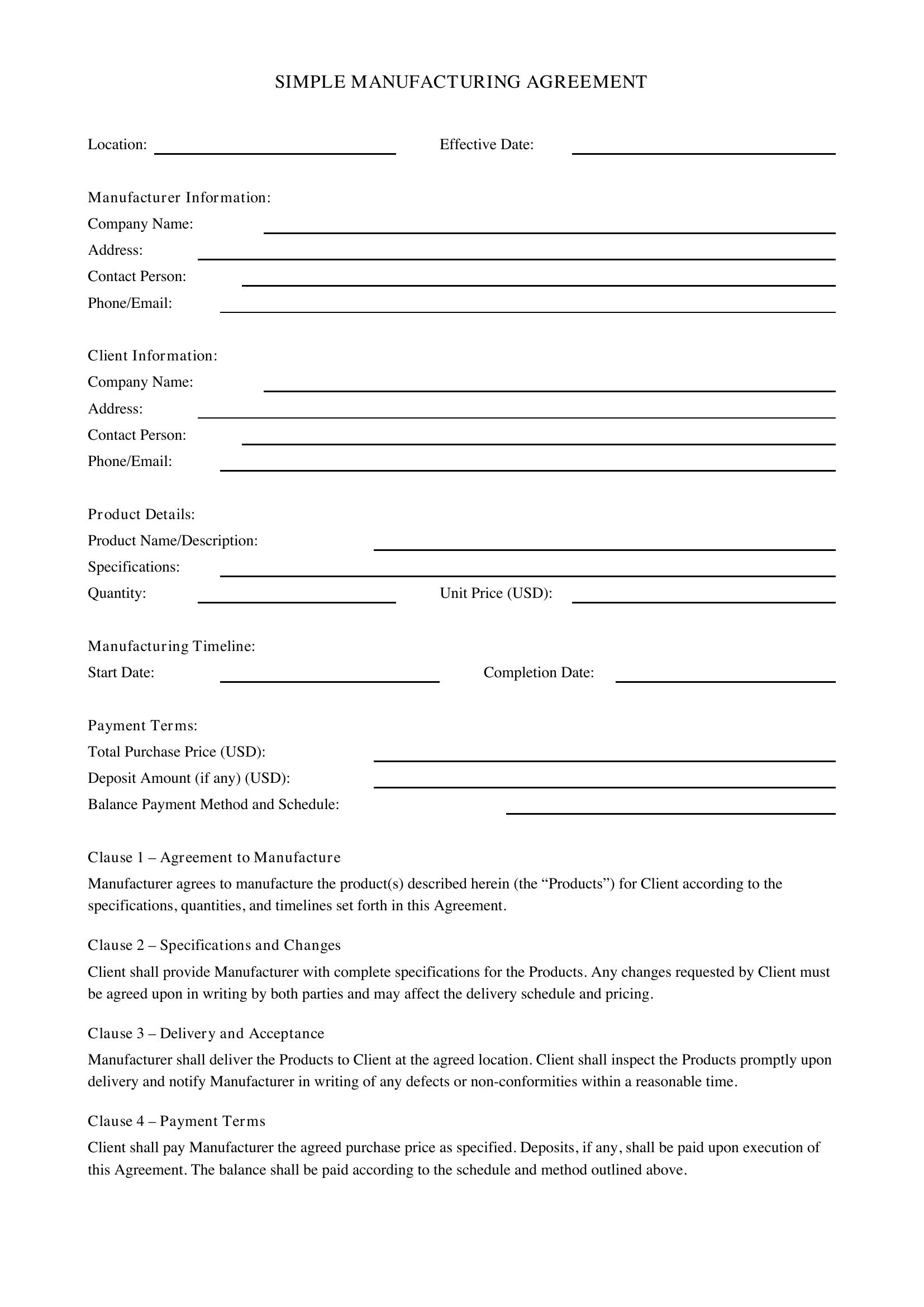 Simple Manufacturing Agreement Template - US