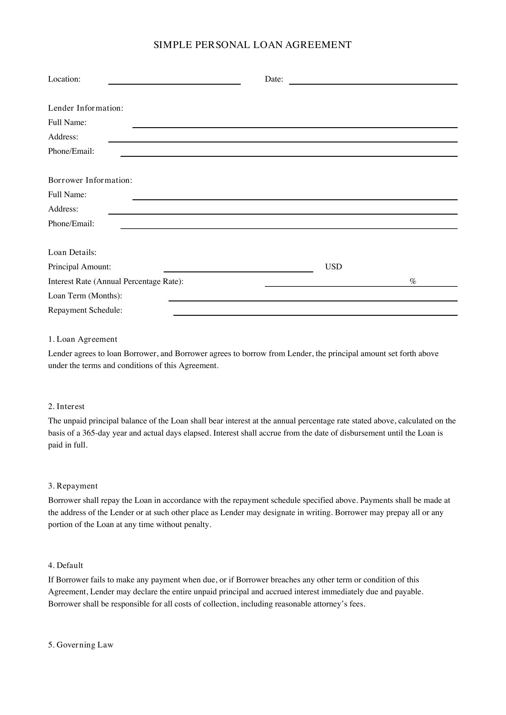 Simple Personal Loan Agreement Template - US