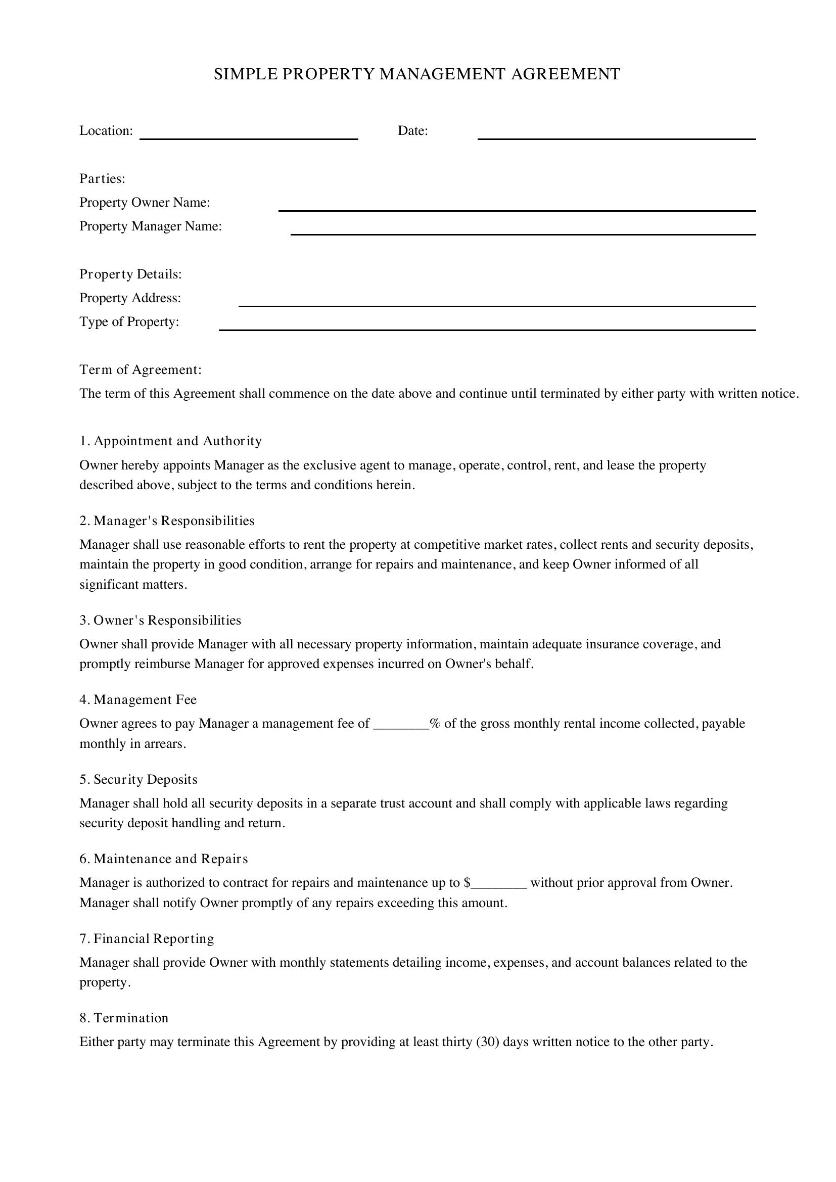 Simple Property Management Agreement Template - US