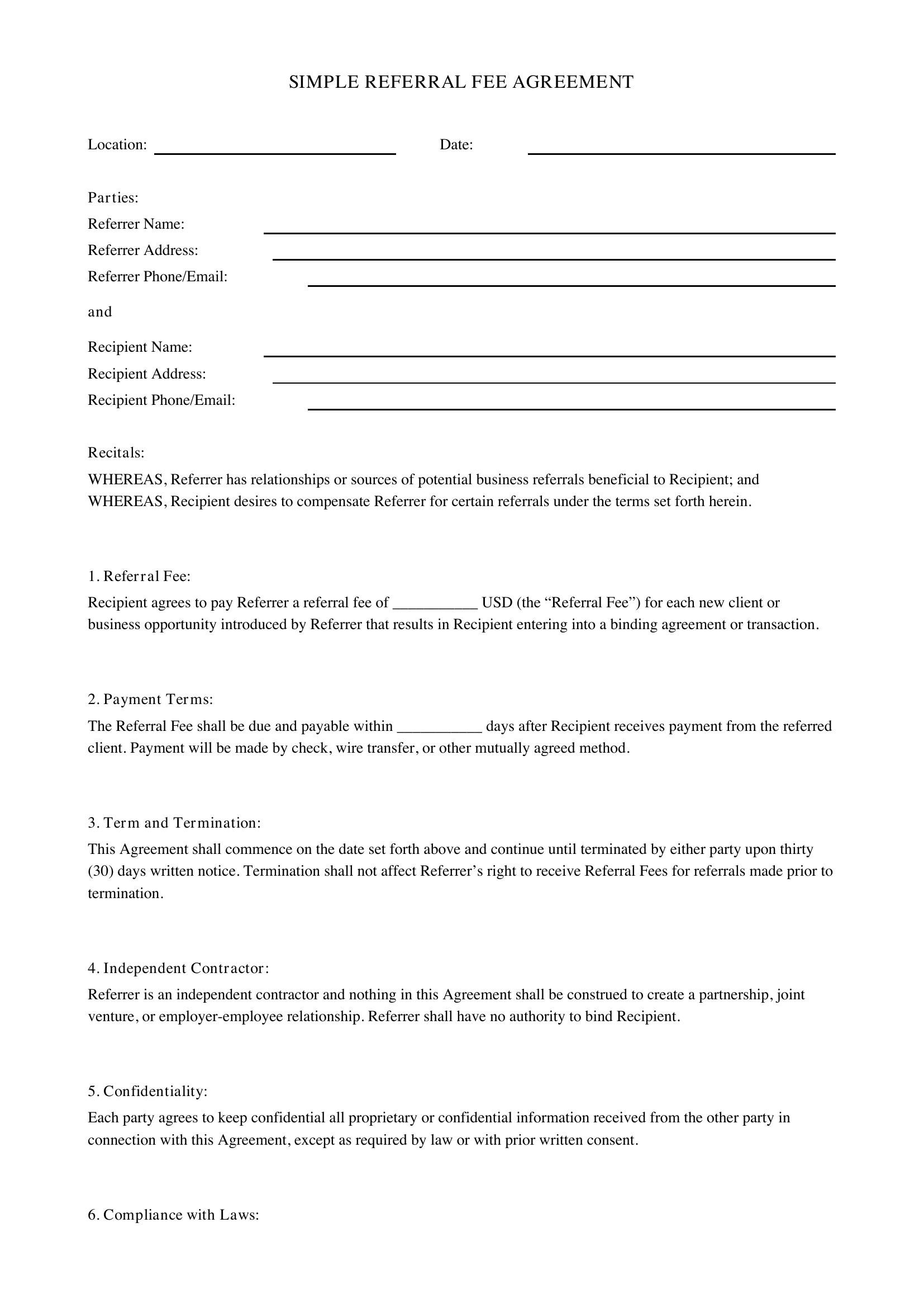 Simple Referral Fee Agreement Template - US