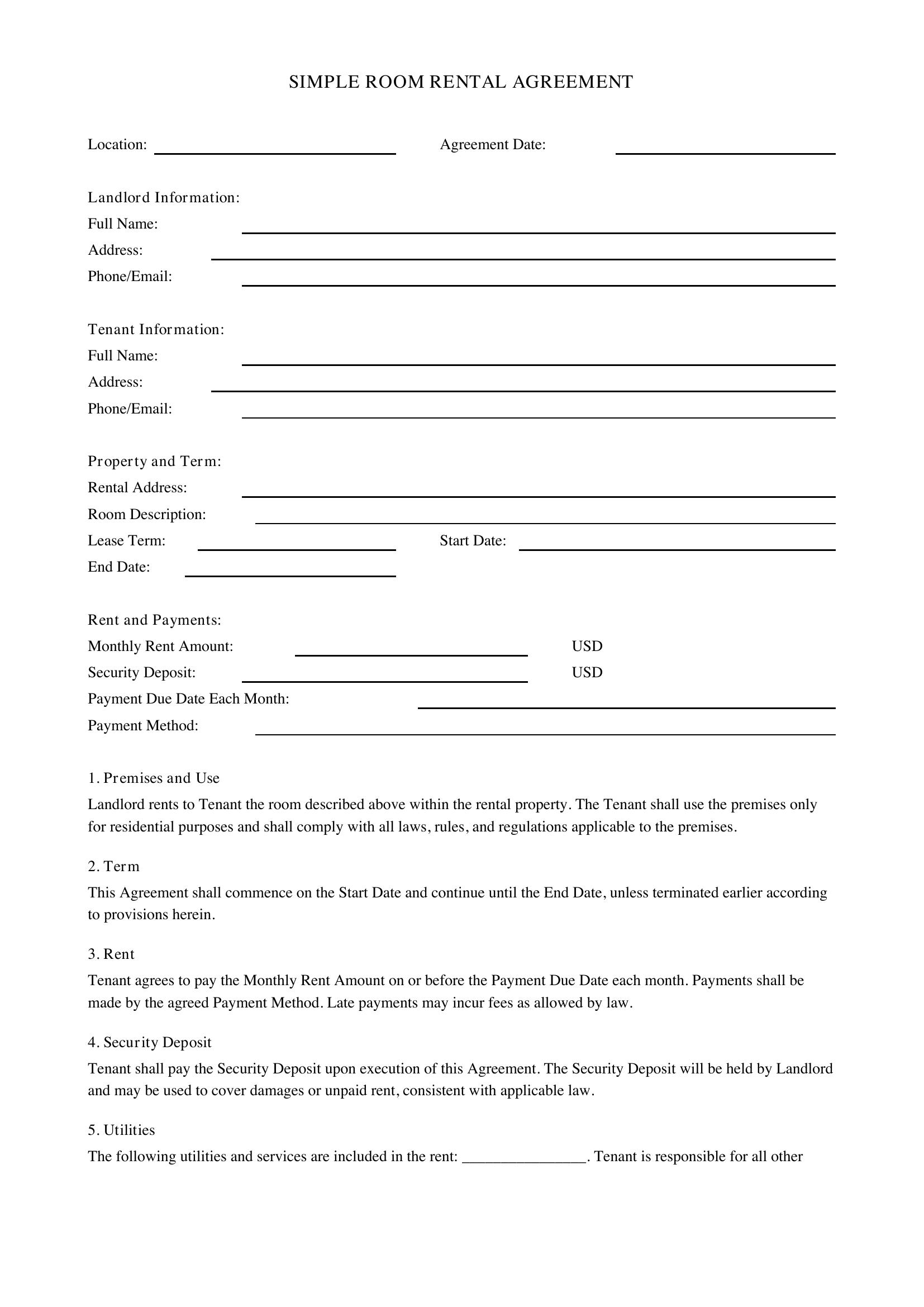 Simple Room Rental Agreement Template - US