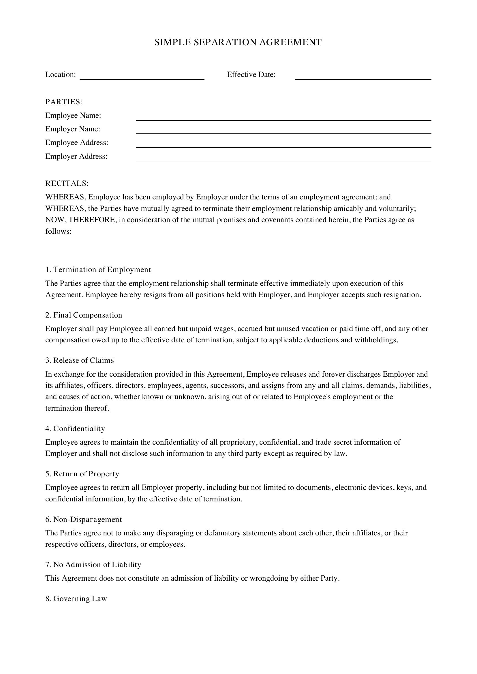 Simple Separation Agreement Template - US