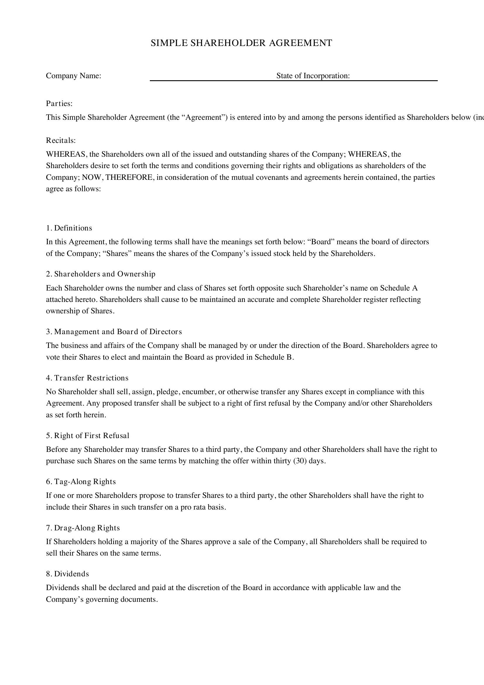 Simple Shareholder Agreement Template - US