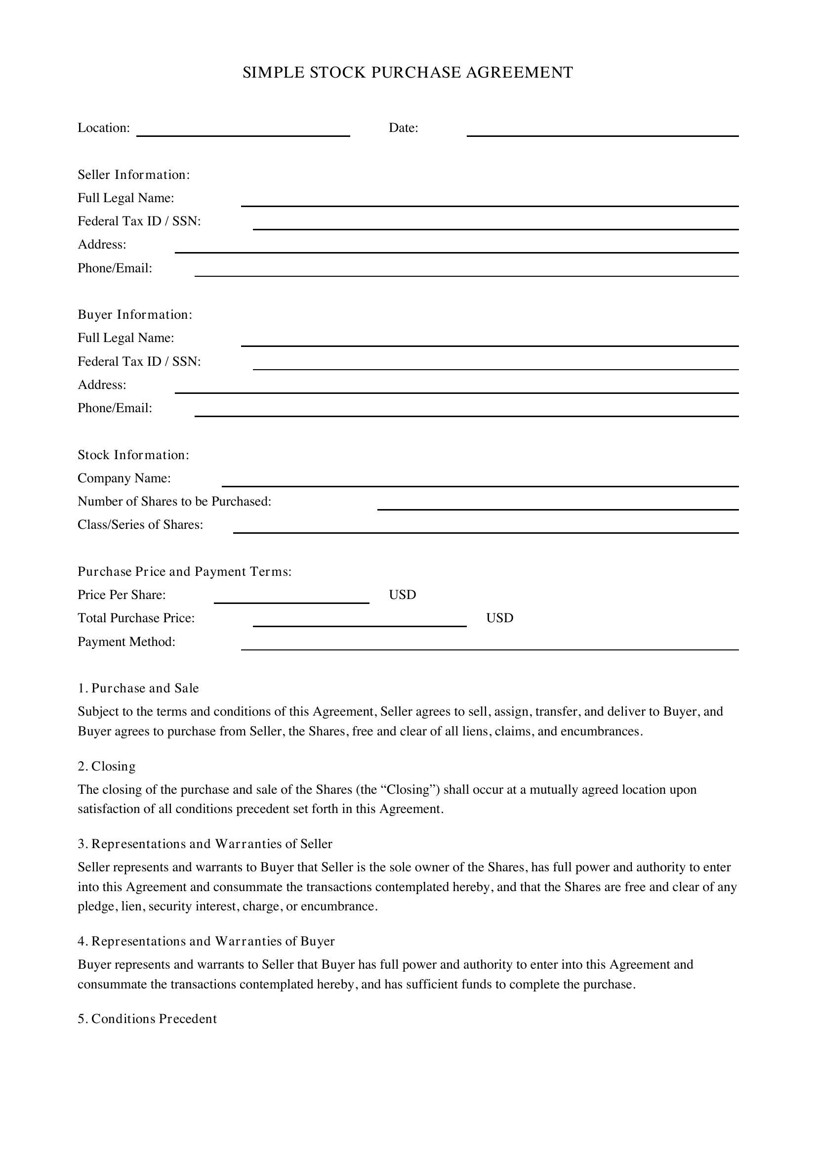 Simple Stock Purchase Agreement Template - US