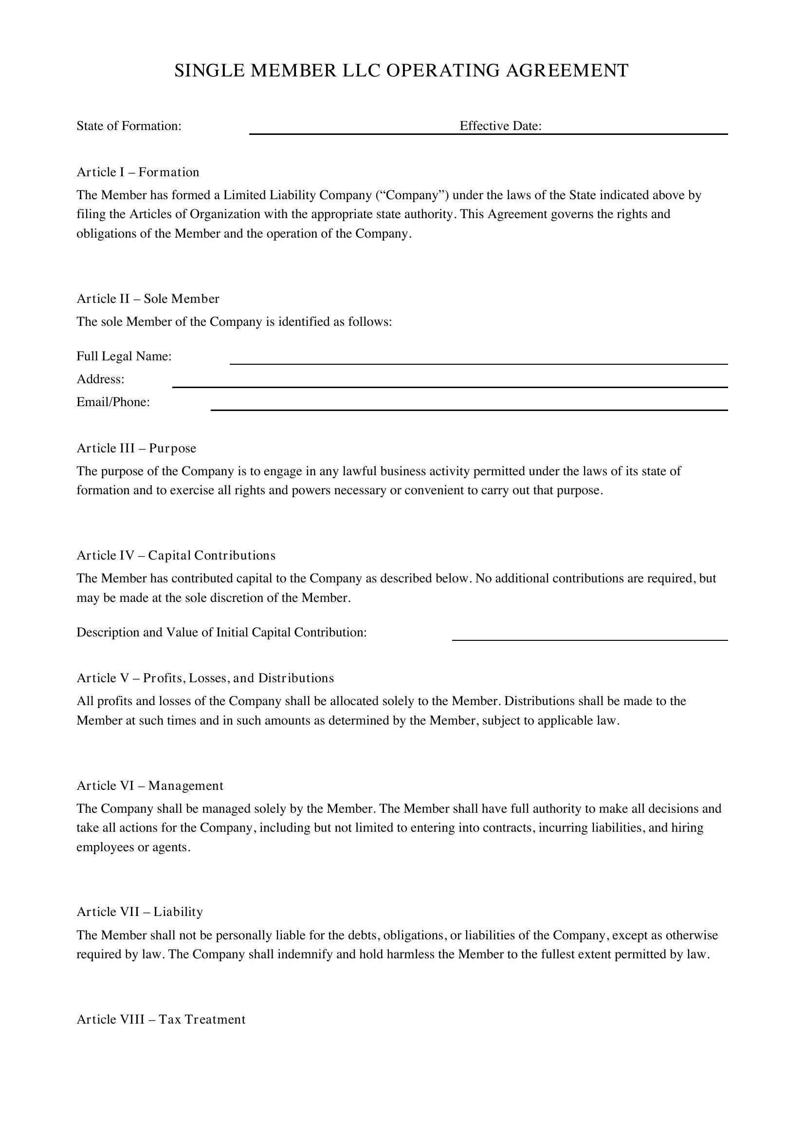 Single Member Llc Operating Agreement Template - US