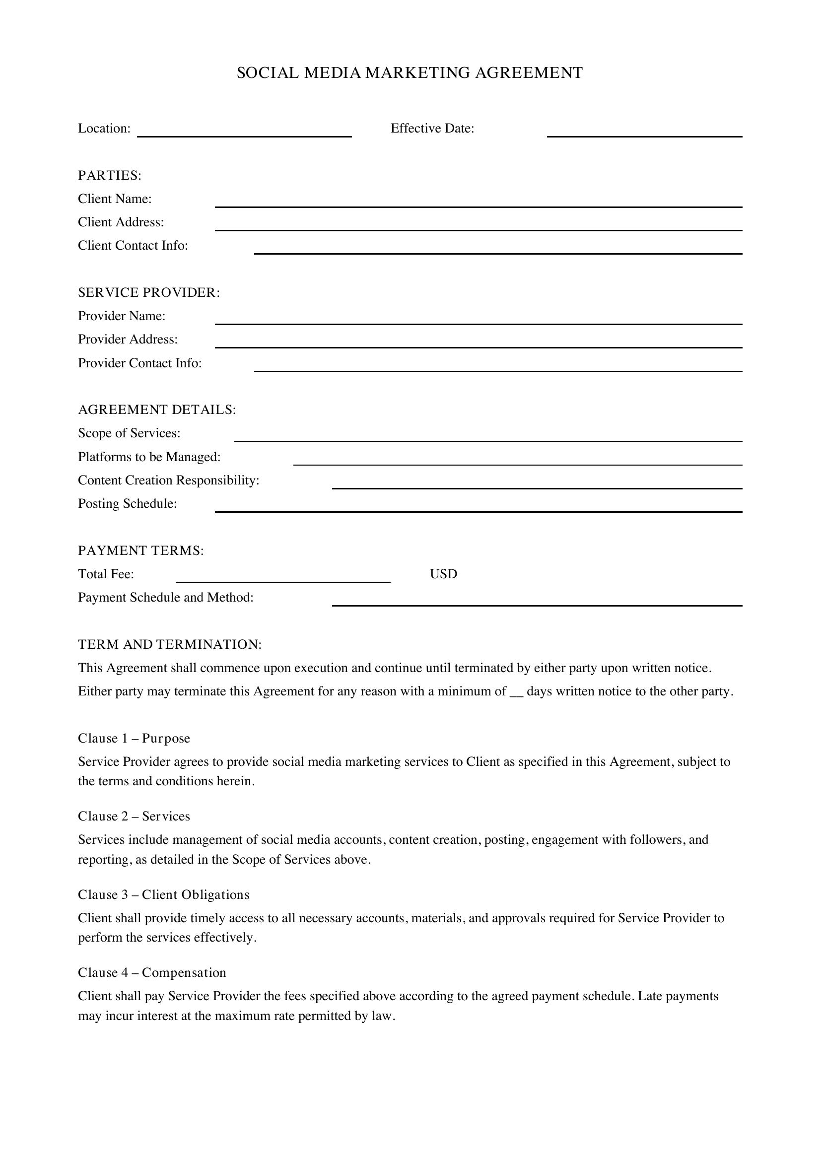 Social Media Marketing Agreement Template - US