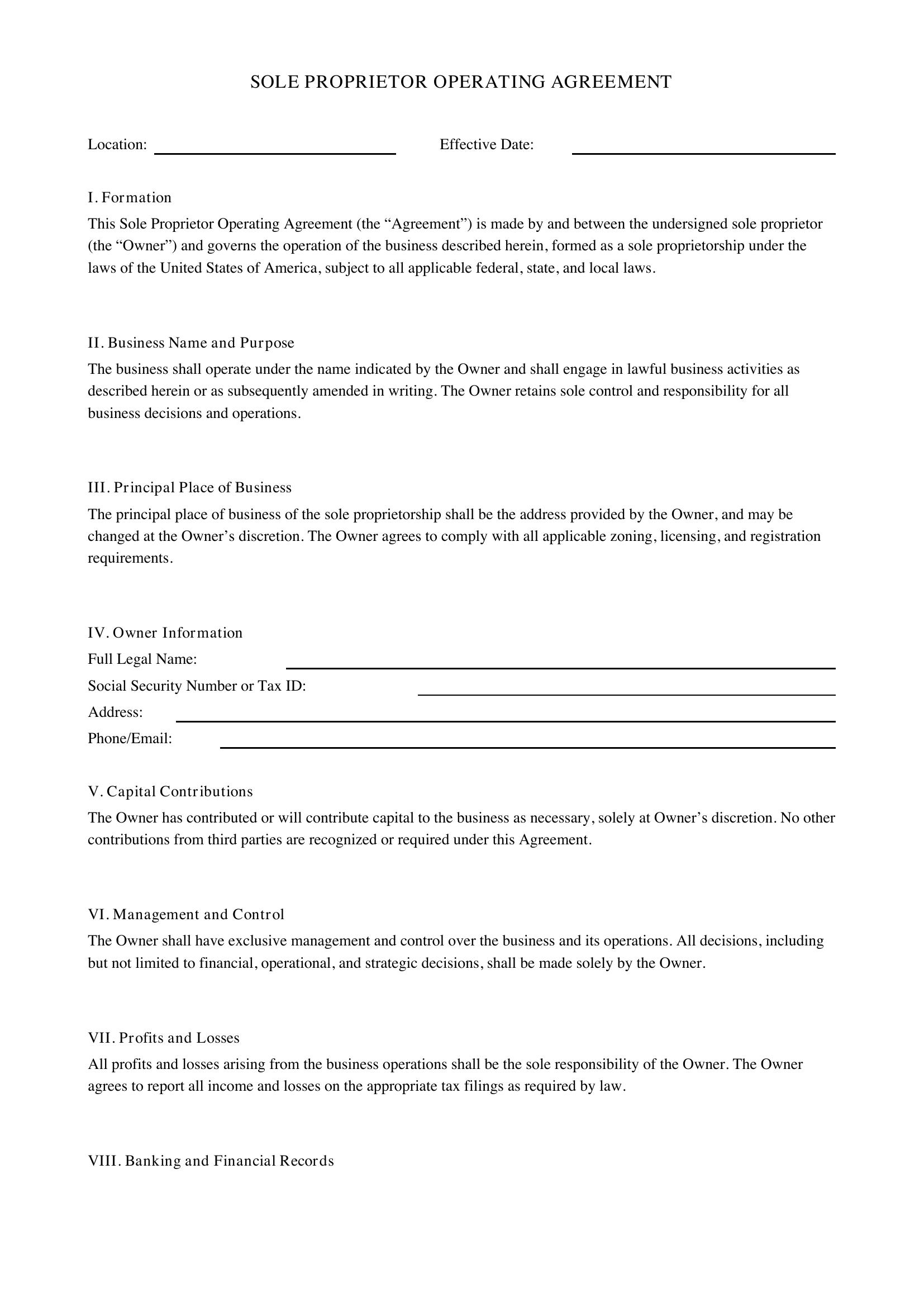 Sole Proprietor Operating Agreement Template - US