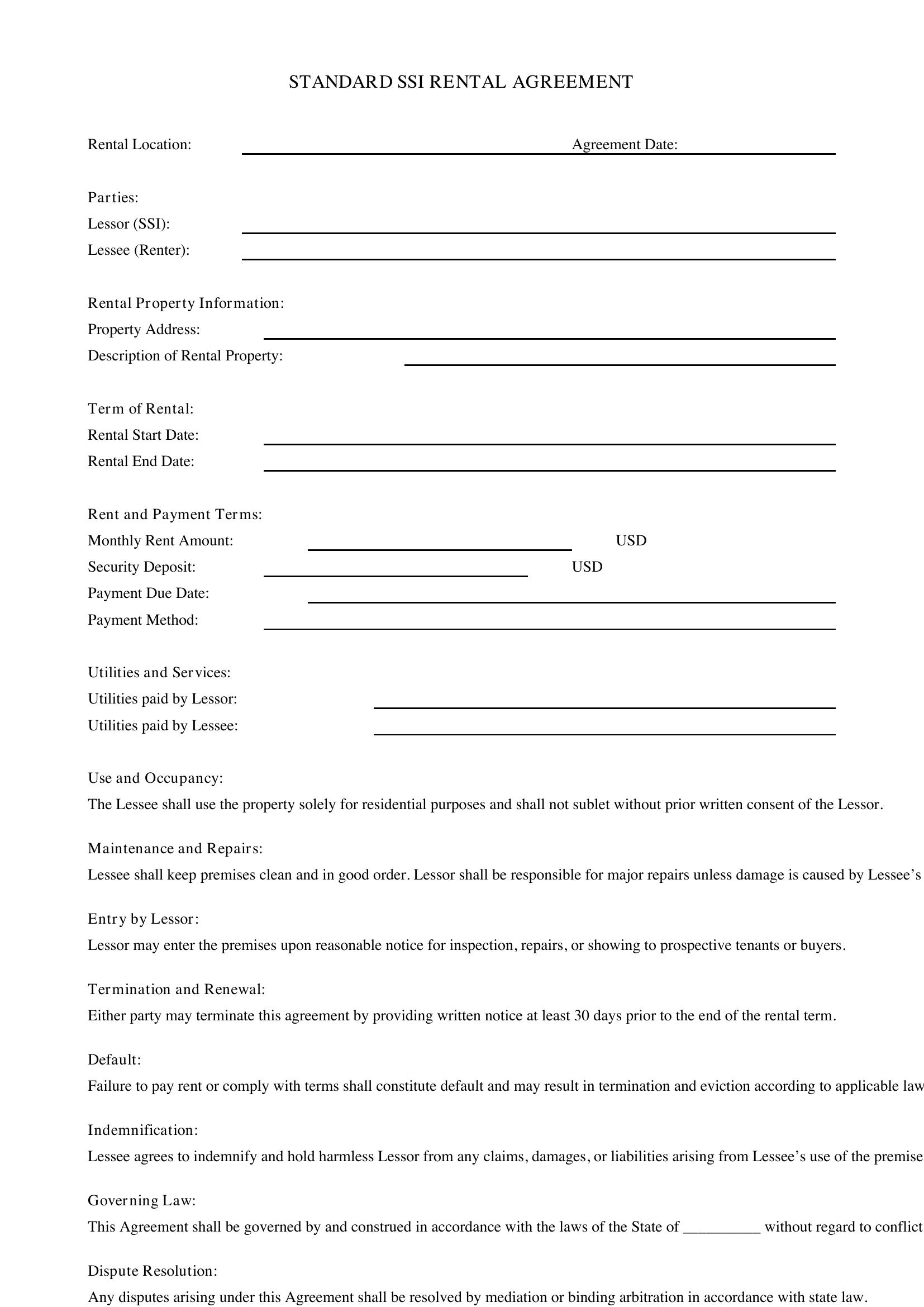Ssi Rental Agreement Template - US