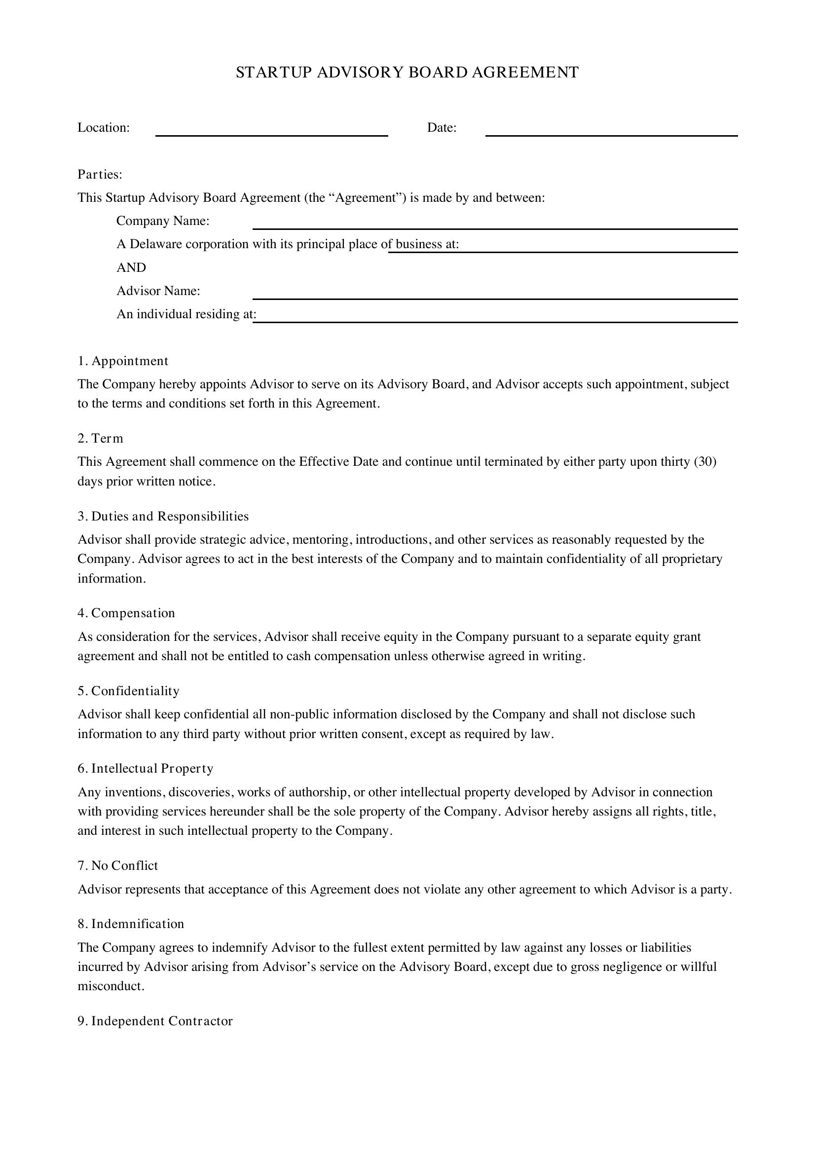 Startup Advisory Board Agreement Template - US