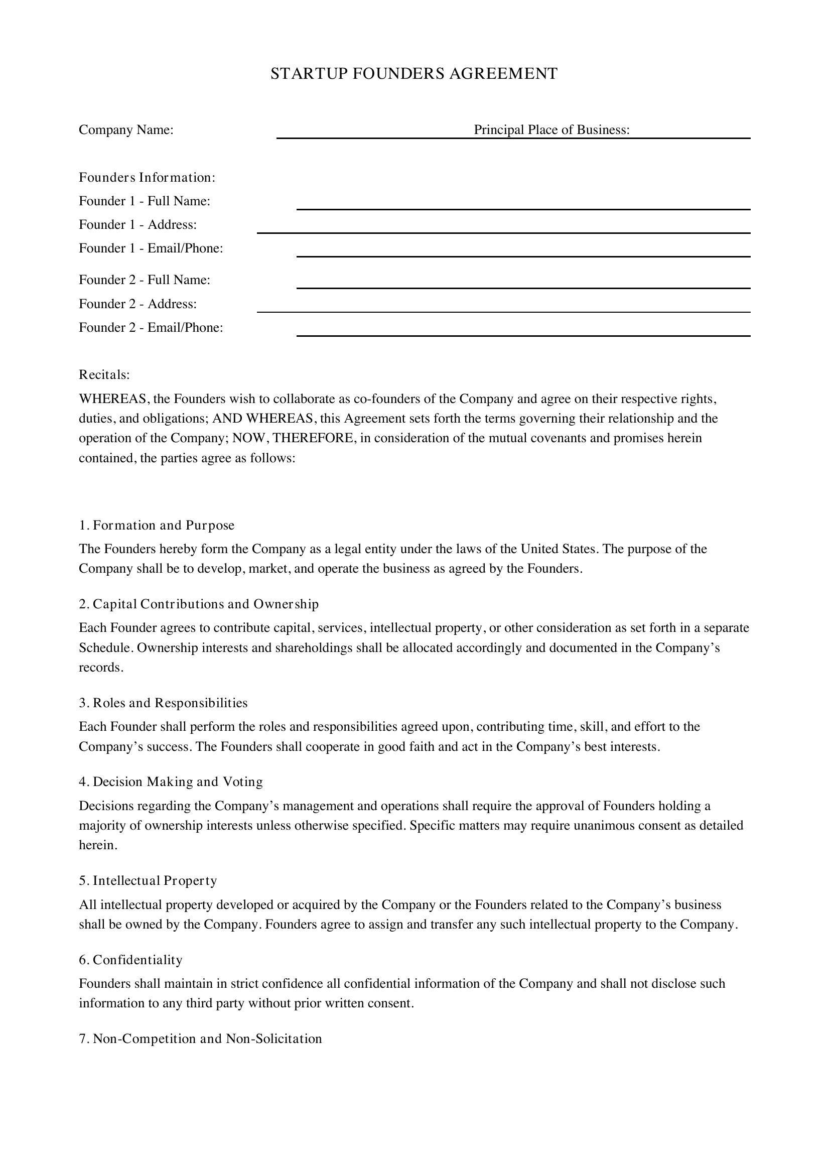 Startup Founders Agreement Template - US