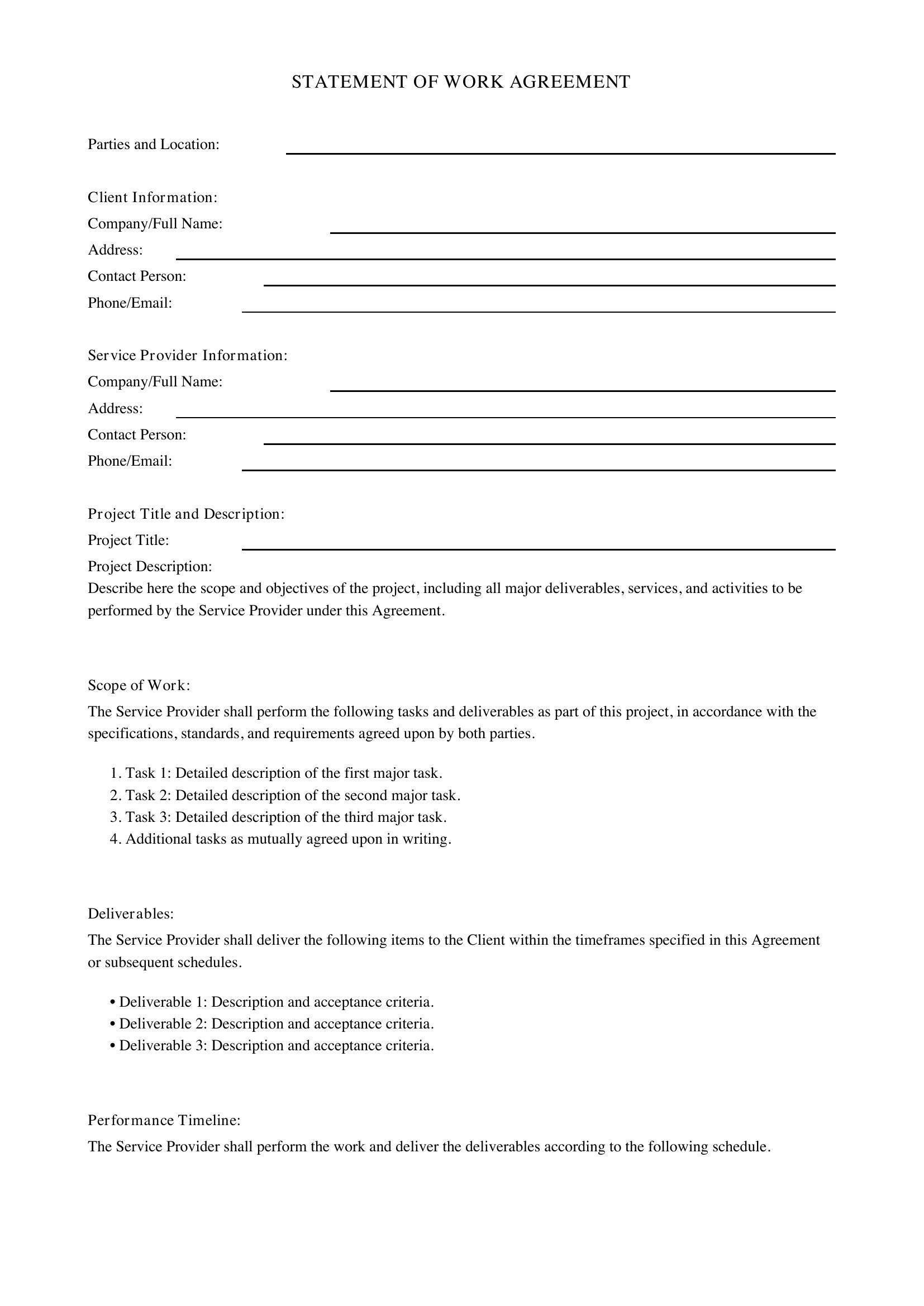 Statement Of Work Agreement Template - US