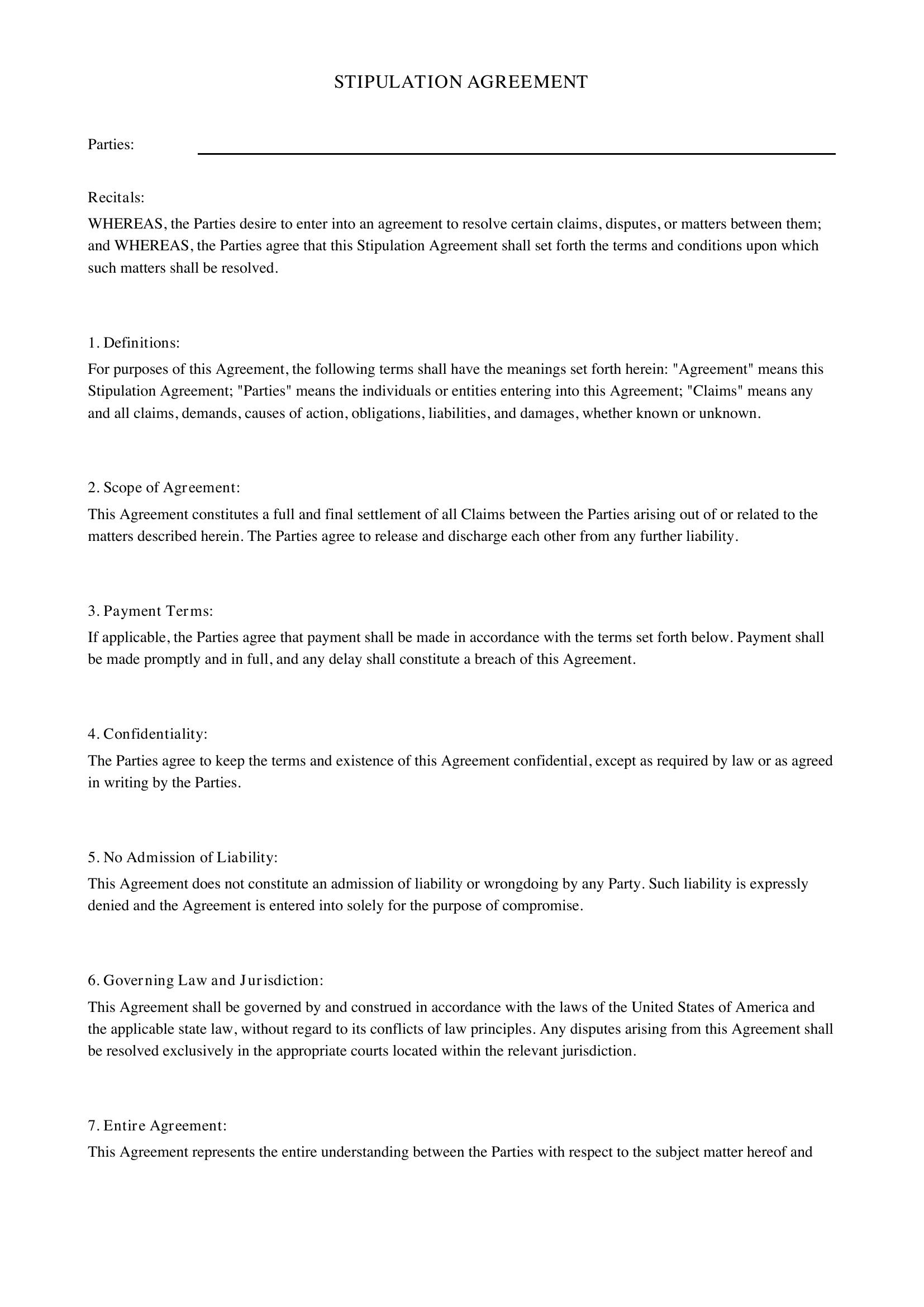 Stipulation Agreement Template - US