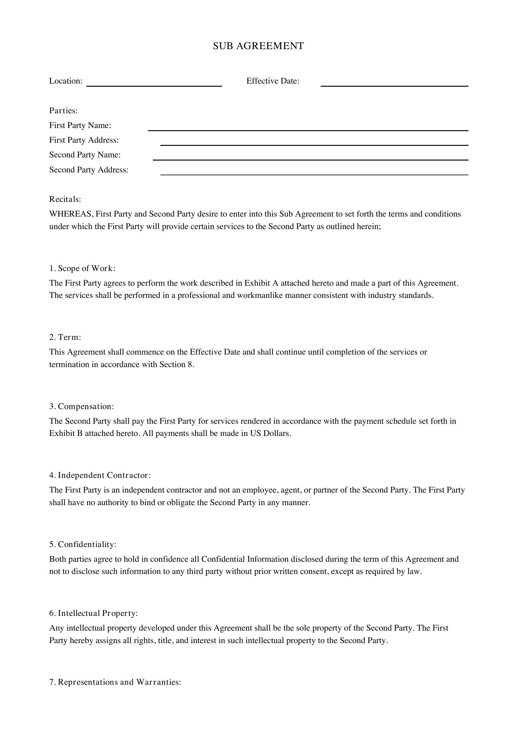 Sub Agreement Template - US