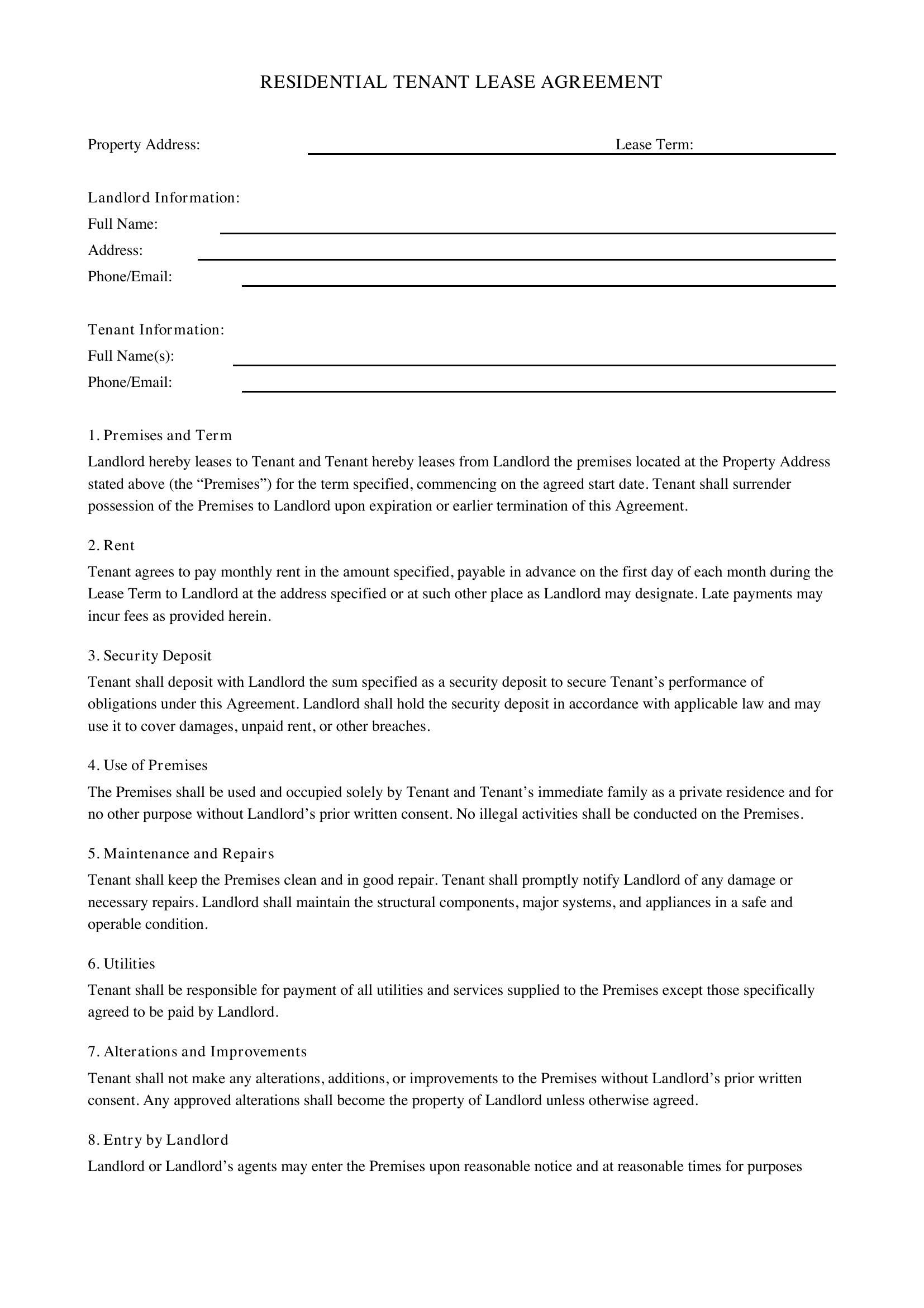 Tenant Agreement Template - US