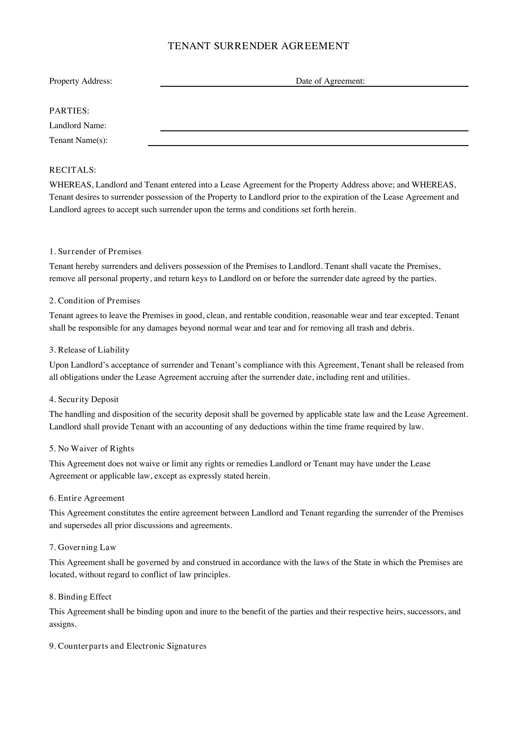Tenant Surrender Agreement Template - US