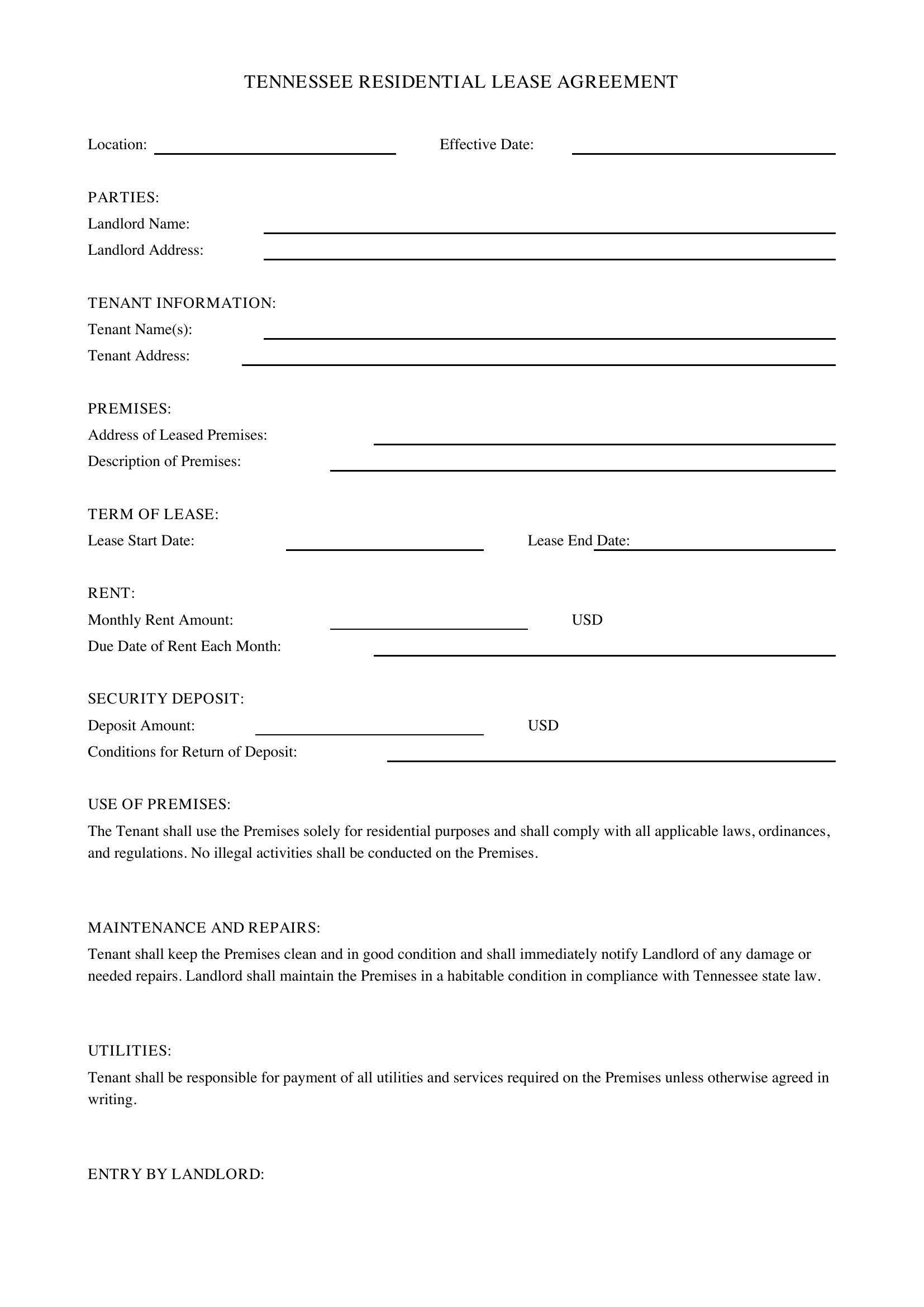 Tennessee Lease Agreement Template - US