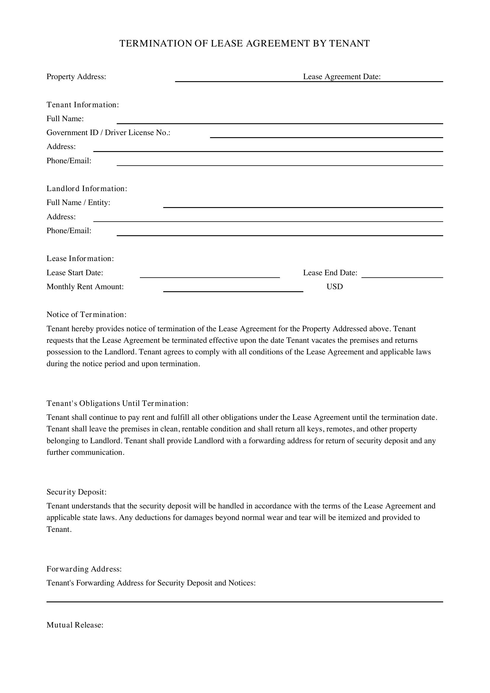 Termination Of Lease Agreement By Tenant Template - US