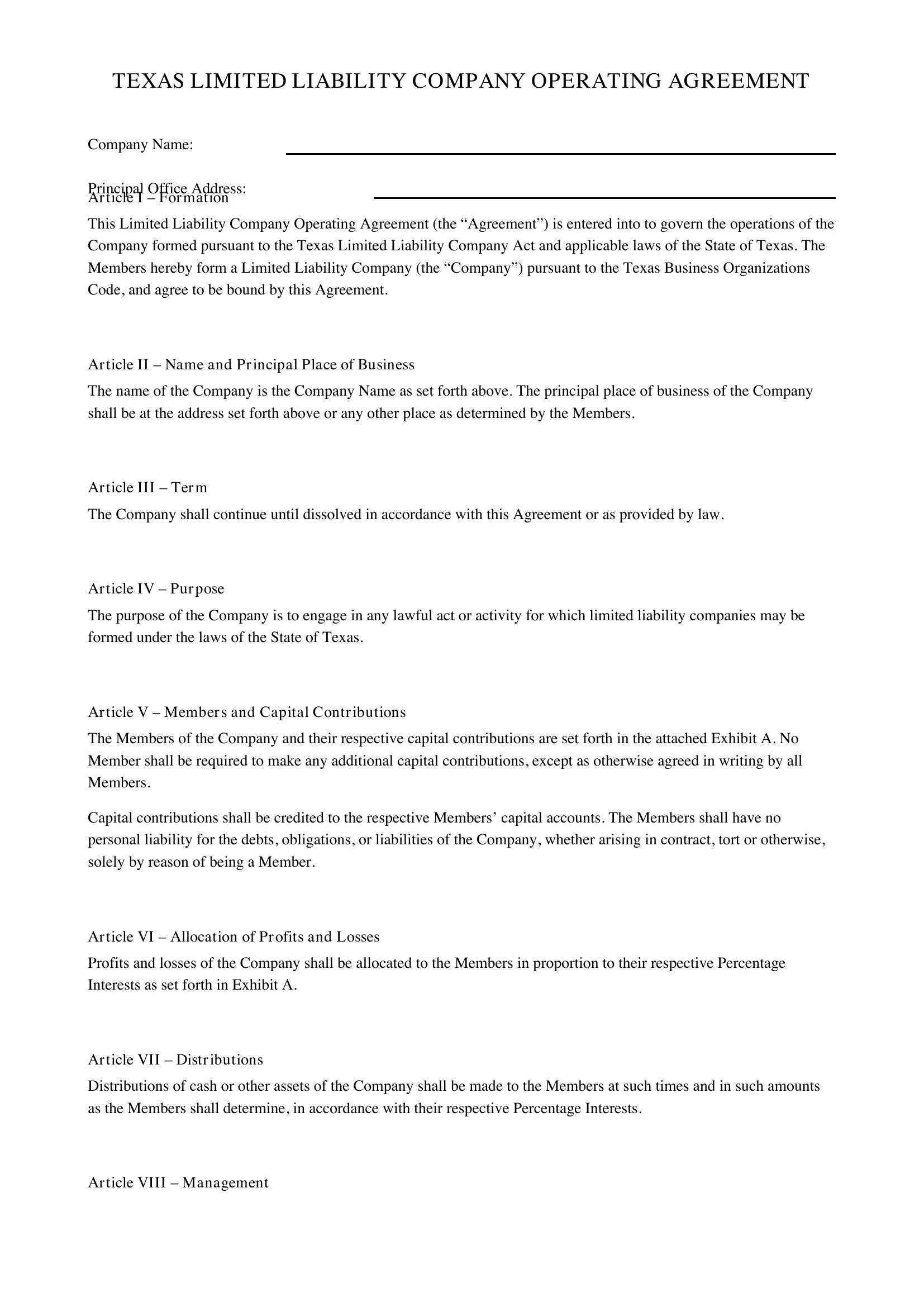 Texas Operating Agreement Template - US