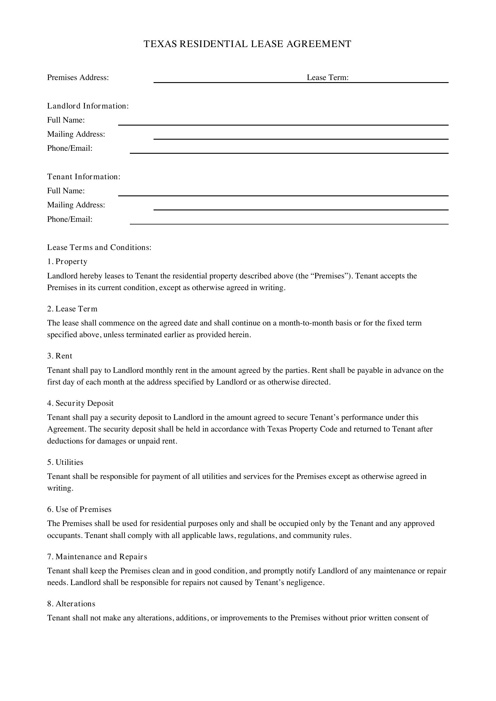Texas Residential Lease Agreement Template - US