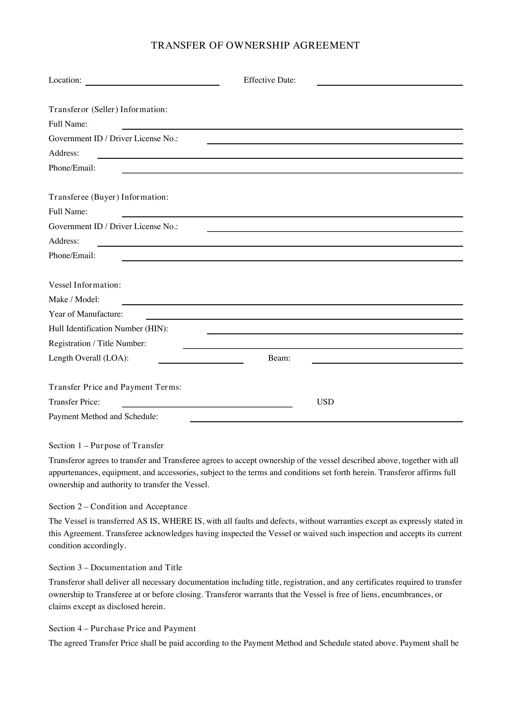 Transfer Of Ownership Agreement Template - US