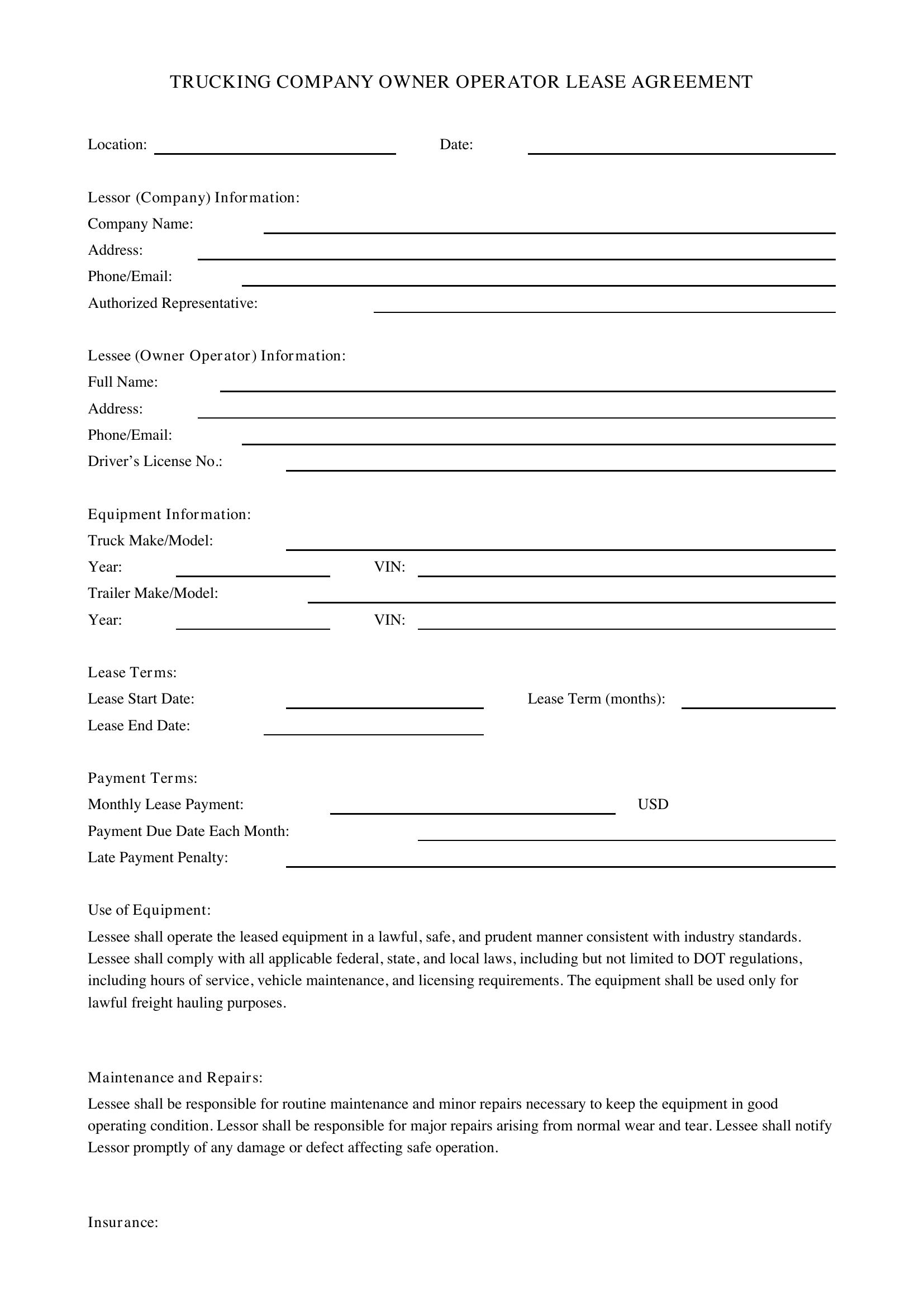 Trucking Company Owner Operator Lease Agreement Template - US